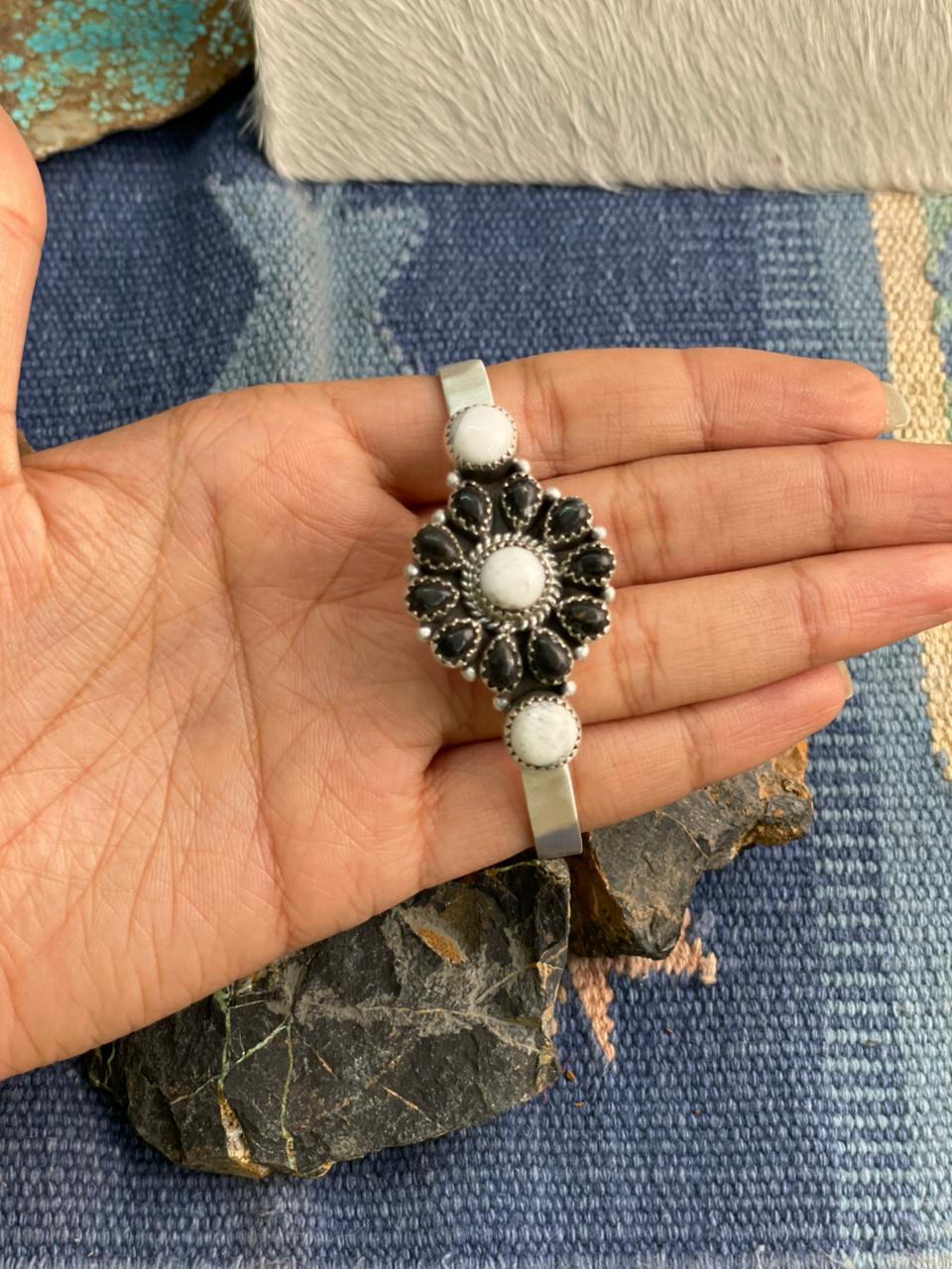 Handmade Sterling Silver White Buffalo Cuff Bracelet "Signed Nizhoni"