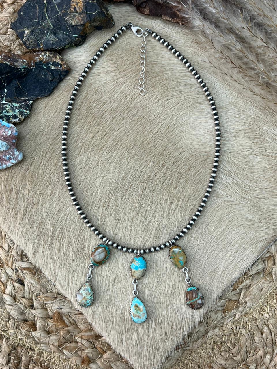 Handmade Sterling Silver Royston Ribbon Turquoise Beaded Necklace "Signed Nizhoni"