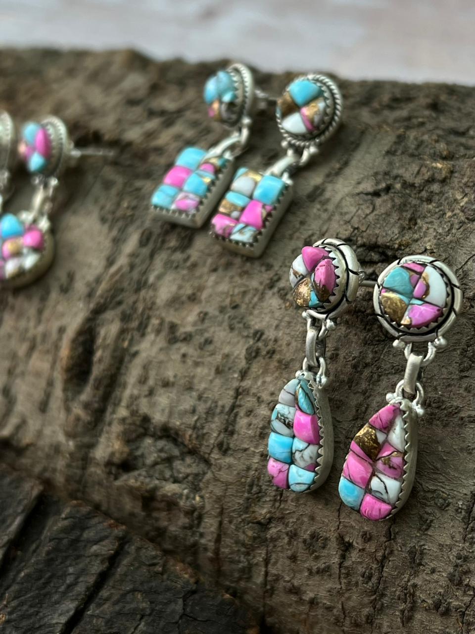Handmade Sterling Silver Cotton Candy Post Dangle Earrings "Signed Nizhoni"