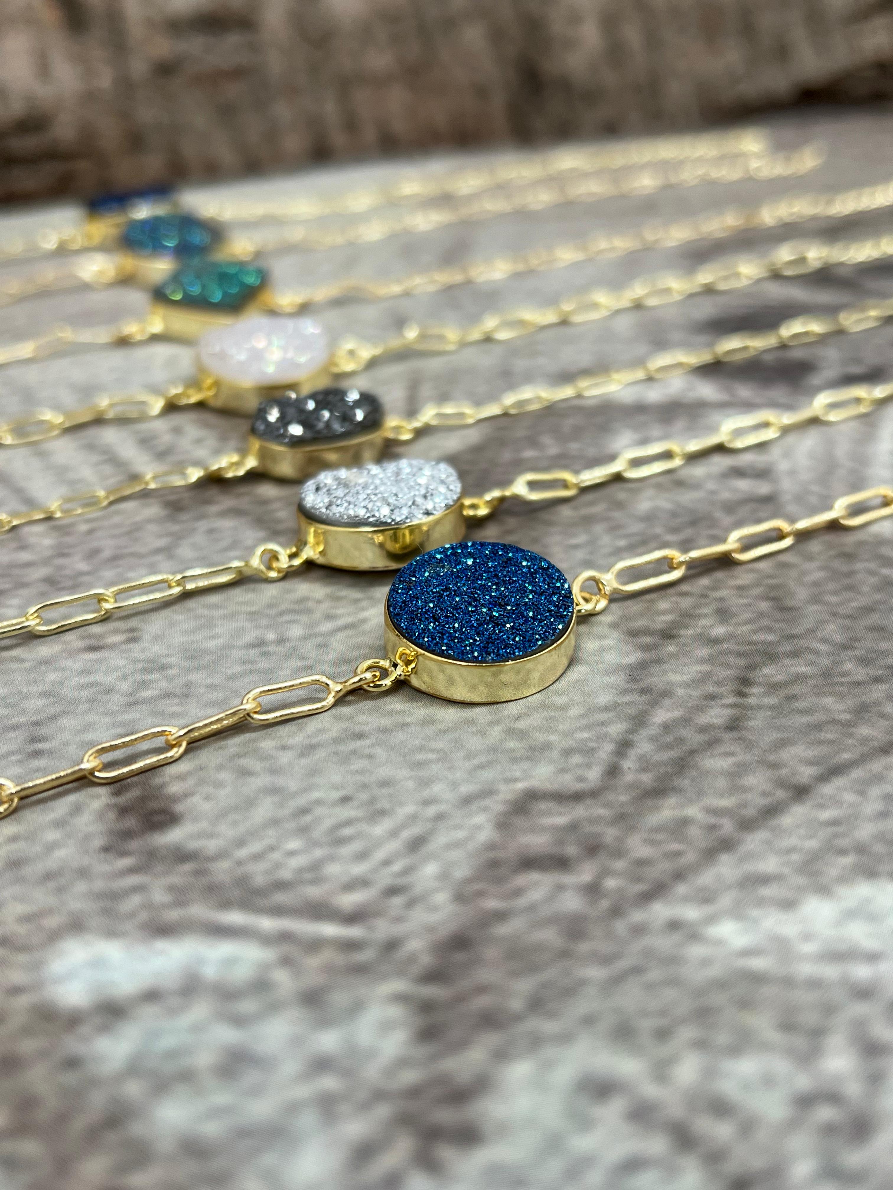 “The Boho Collection” Handmade Natural Gold Plated 1 Stone Druzy Chain Bracelet