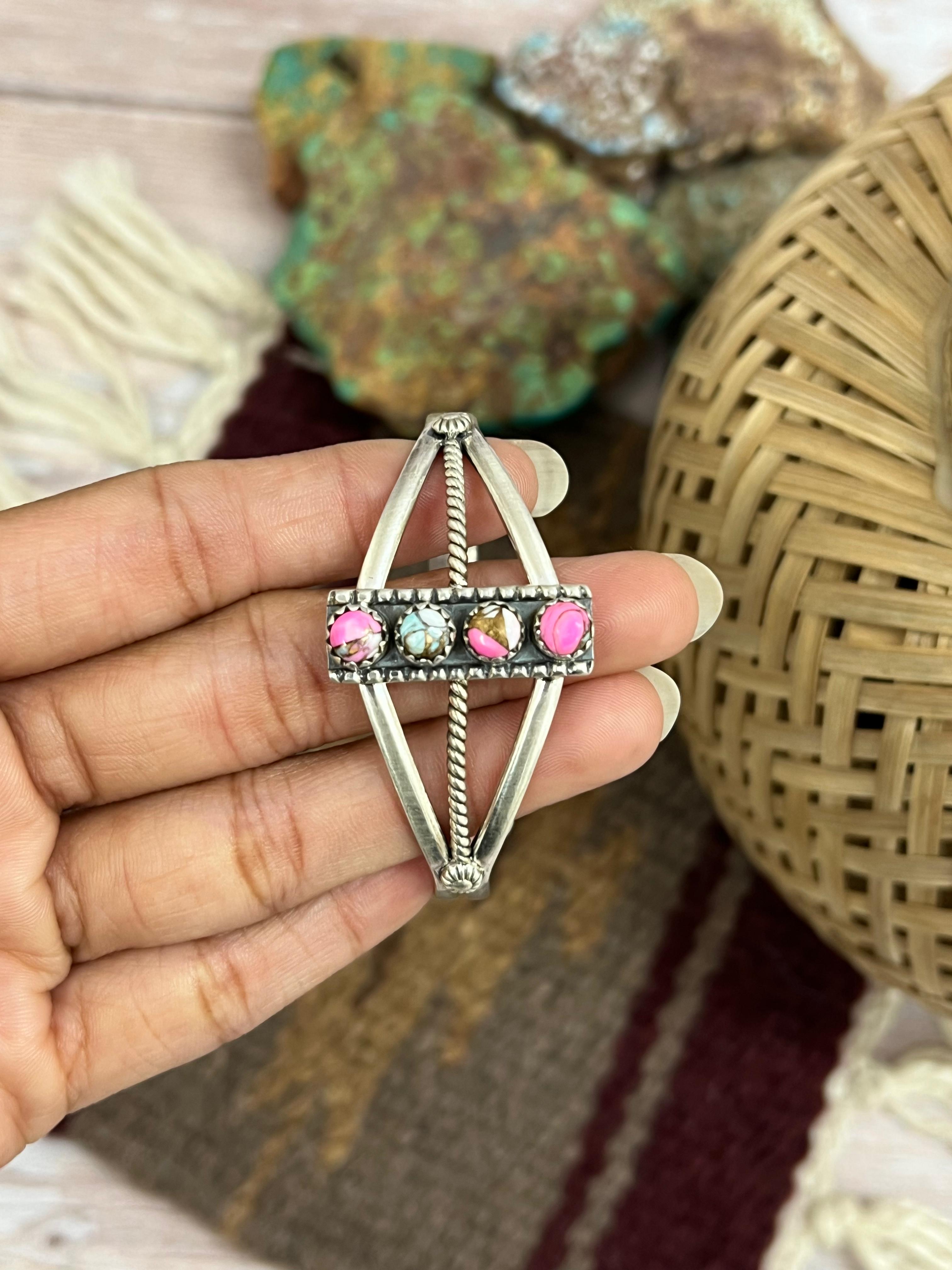 Handmade Sterling Silver Cotton Candy, Kingman Turquoise Cuff Bracelet with Signed Nizhoni