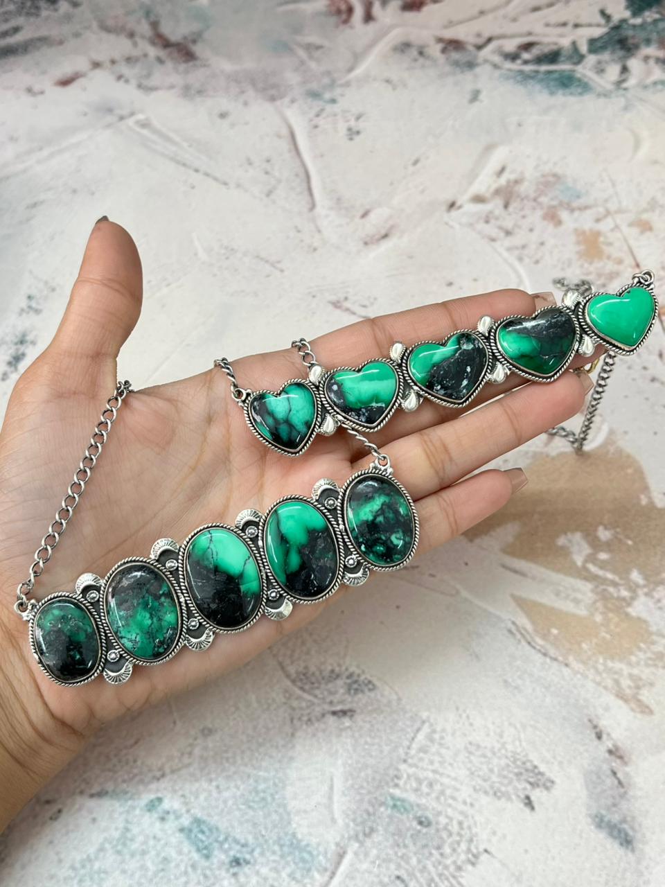 Handmade Sterling Silver Emerald Rose Heart Necklace "Signed Nizhoni"