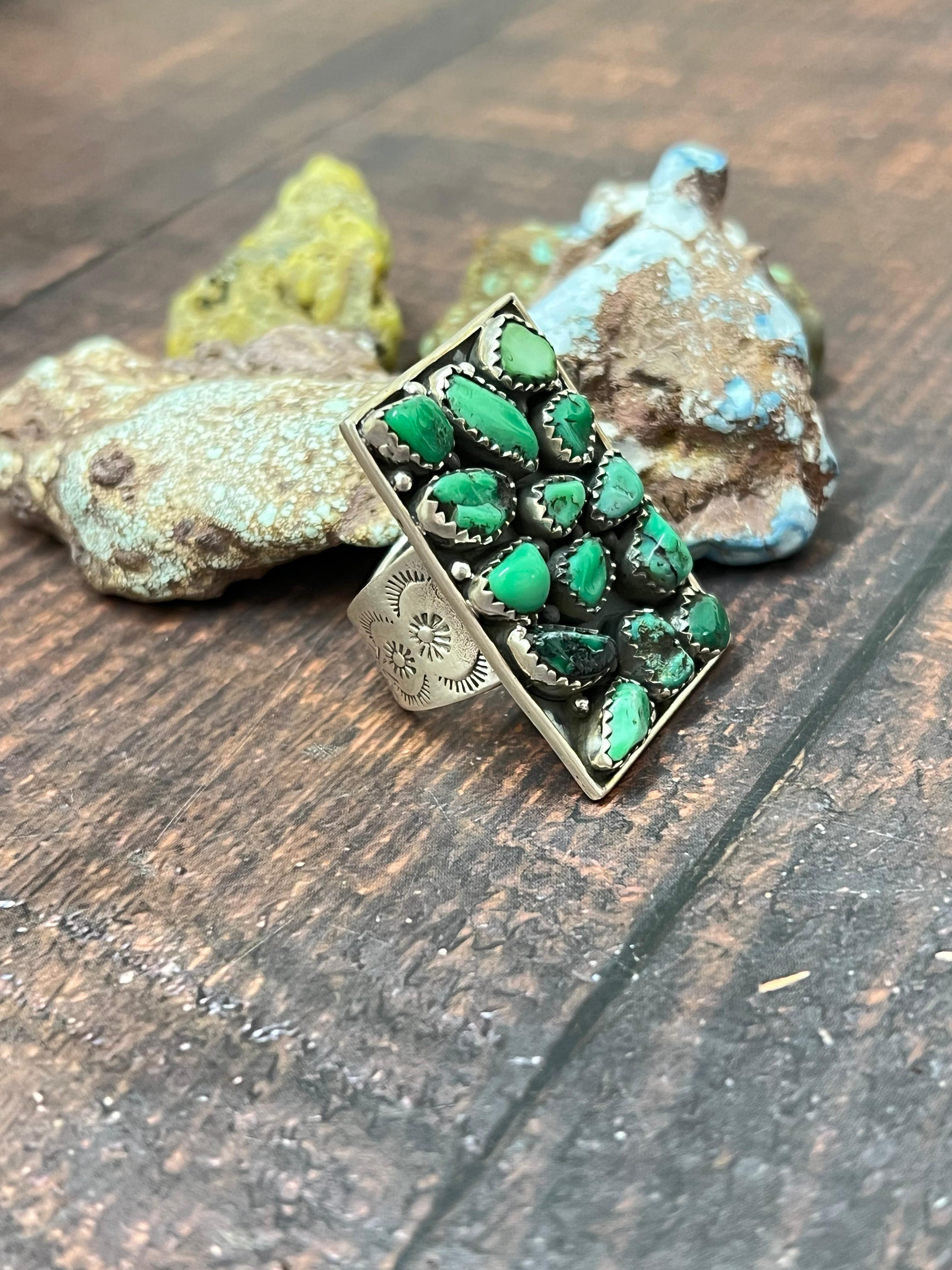 Handmade Sterling Silver Emerald Rose Adjustable Ring with Signed Nizhoni