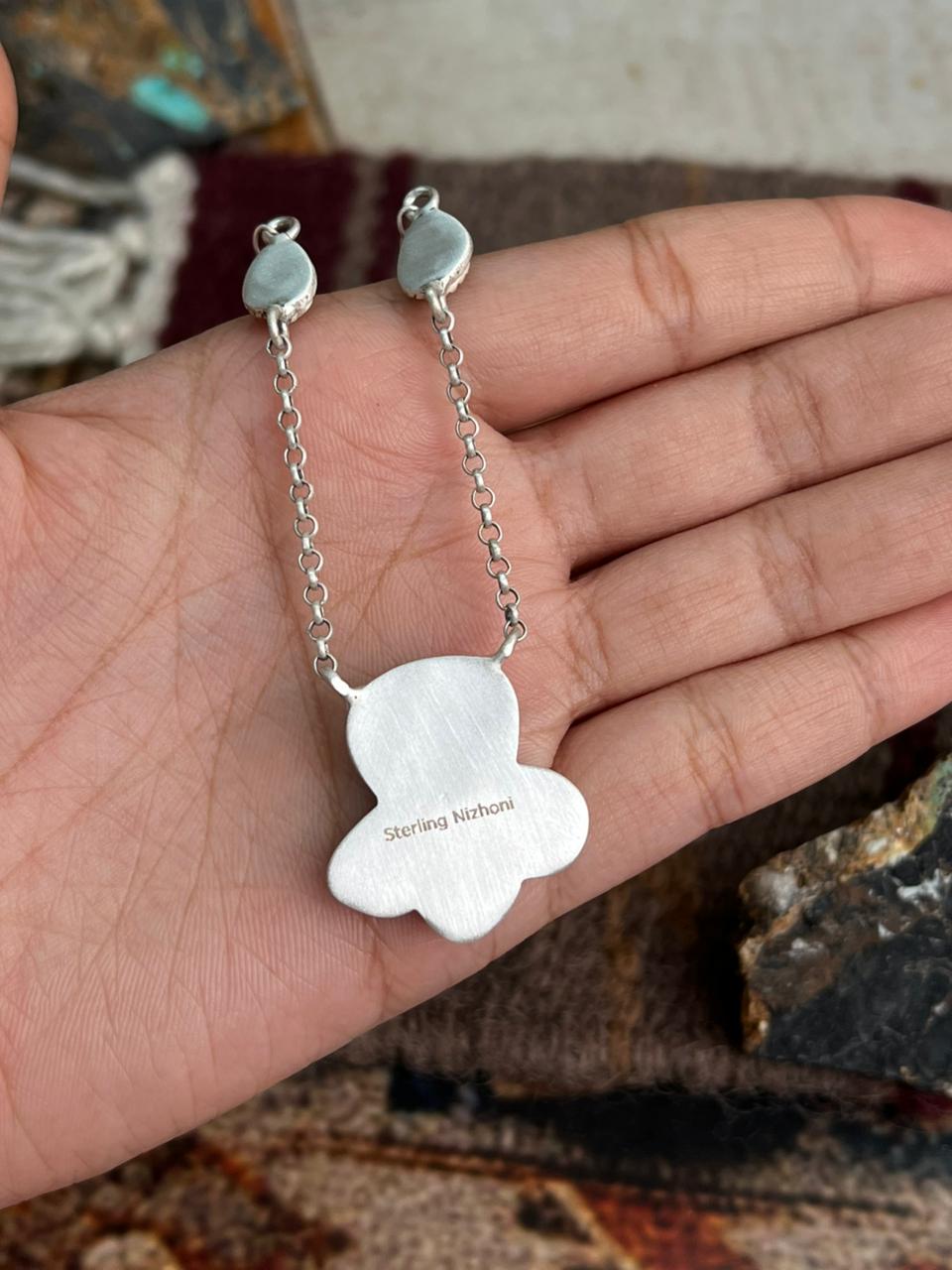 Handmade Sterling Silver Dahlia Rose with Emerald Valley Turquoise Necklace "Signed Nizhoni"