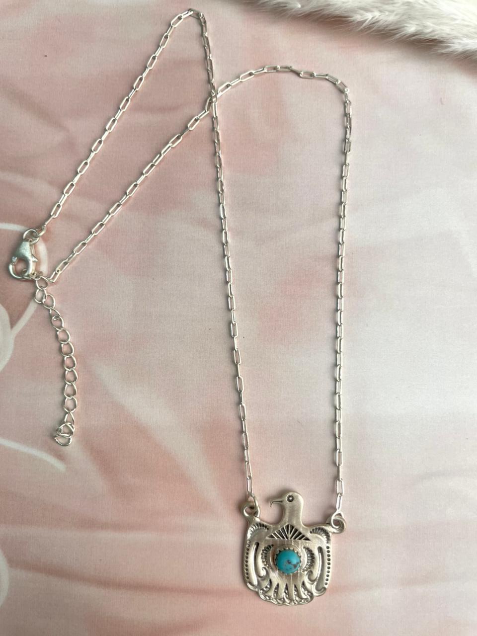 Handmade Sterling Silver Kingman Turquoise Thunder Bird Necklace "Signed Nizhoni"