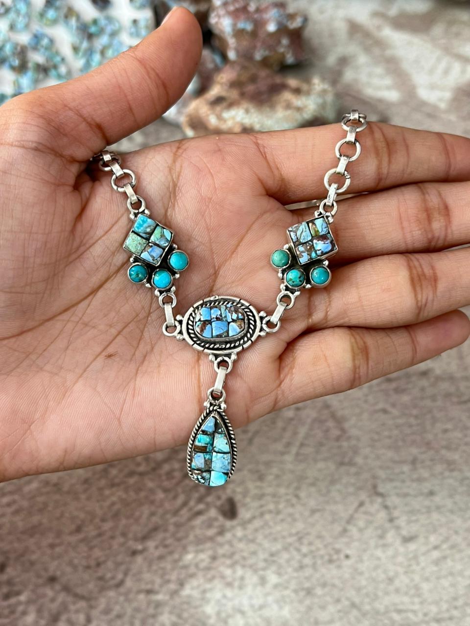 Handmade Sterling Silver 'Golden Hills Turquoise Cobble Collection' Necklace "Signed Nizhoni"