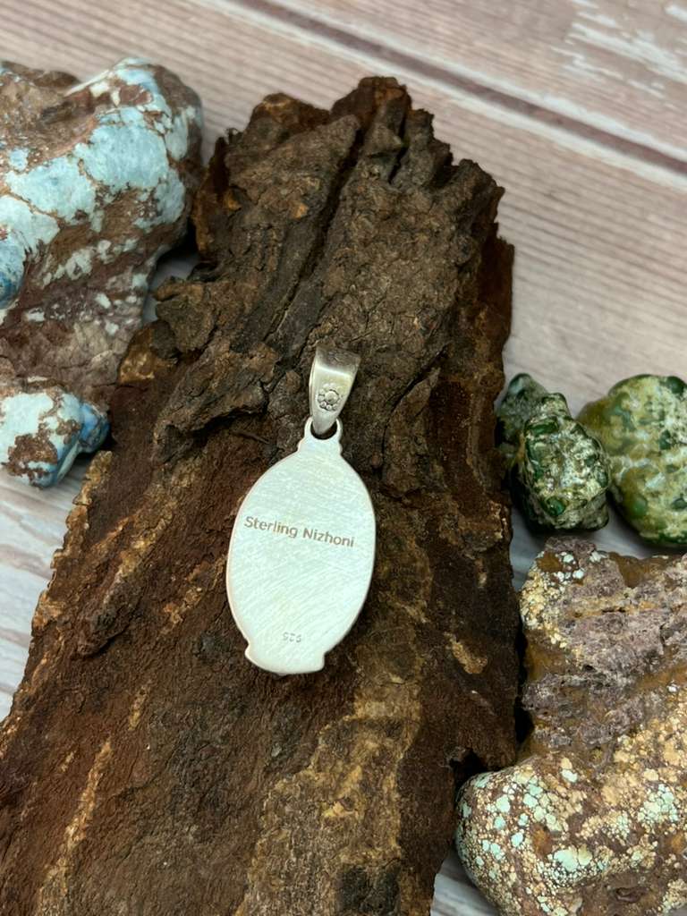Handmade Sterling Silver Royston Ribbon Turquoise Pendant with Signed Nizhoni