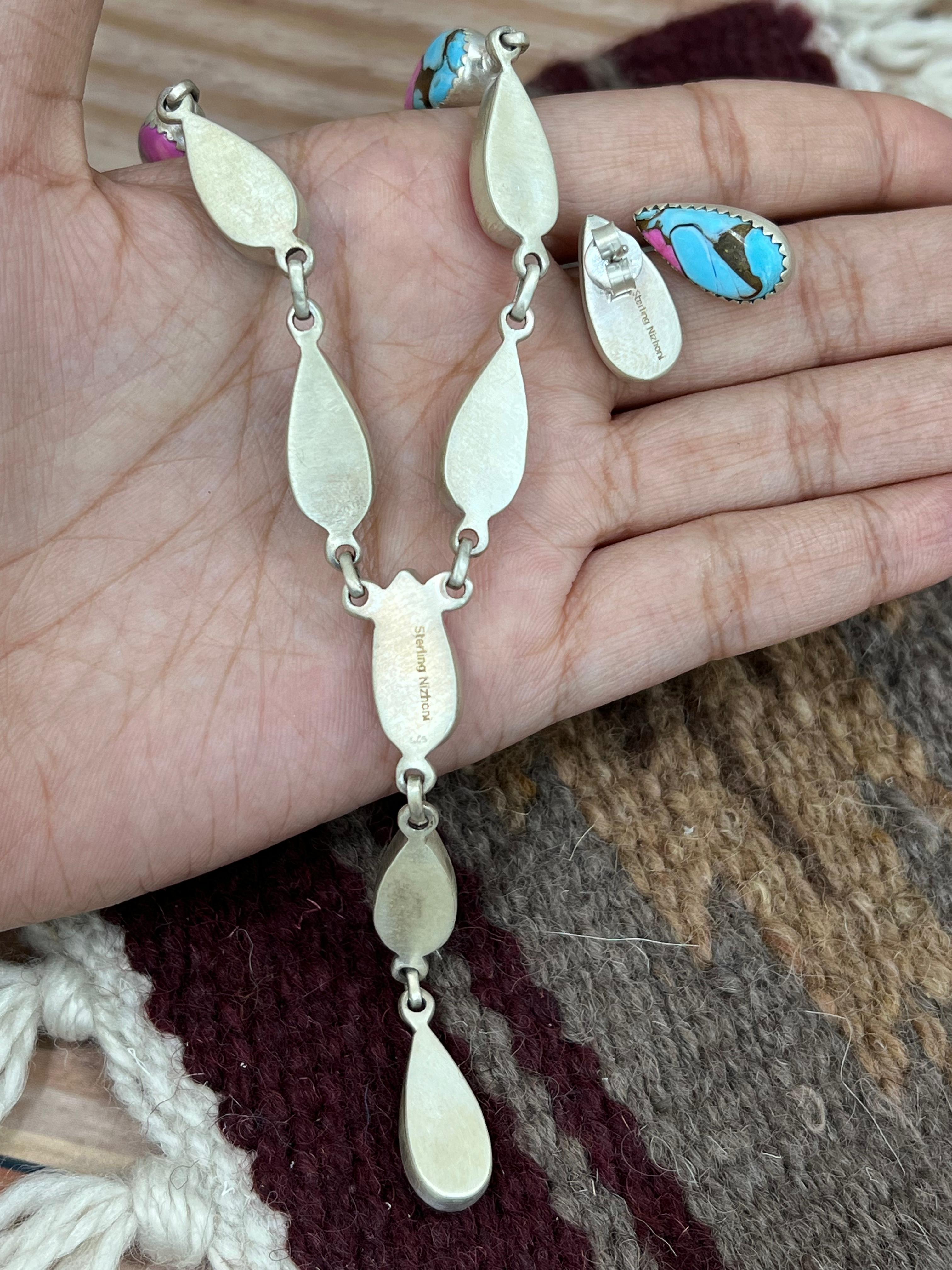 Handmade Sterling Silver Cotton Candy Turquoise Necklace Earrings Set, Signed Nizhoni
