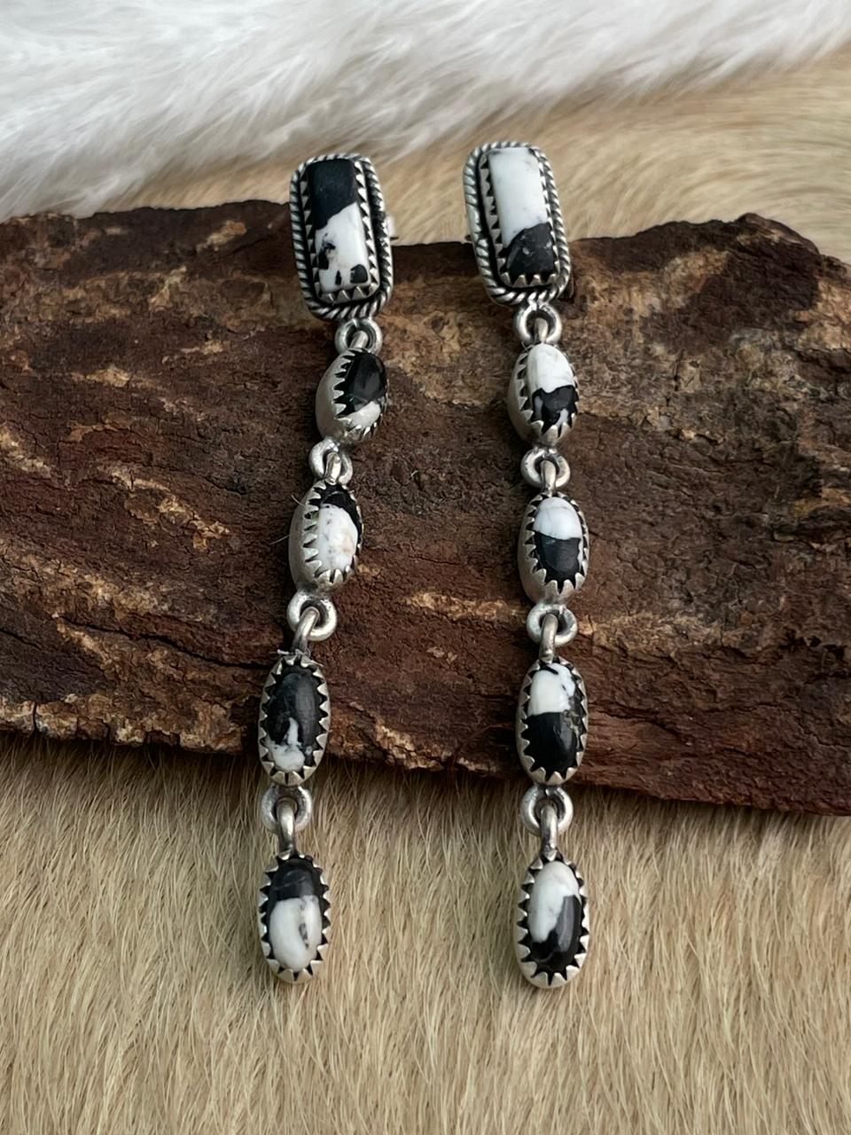 Handmade Sterling Silver White Buffalo Post Dangle Earrings "Signed Nizhoni"