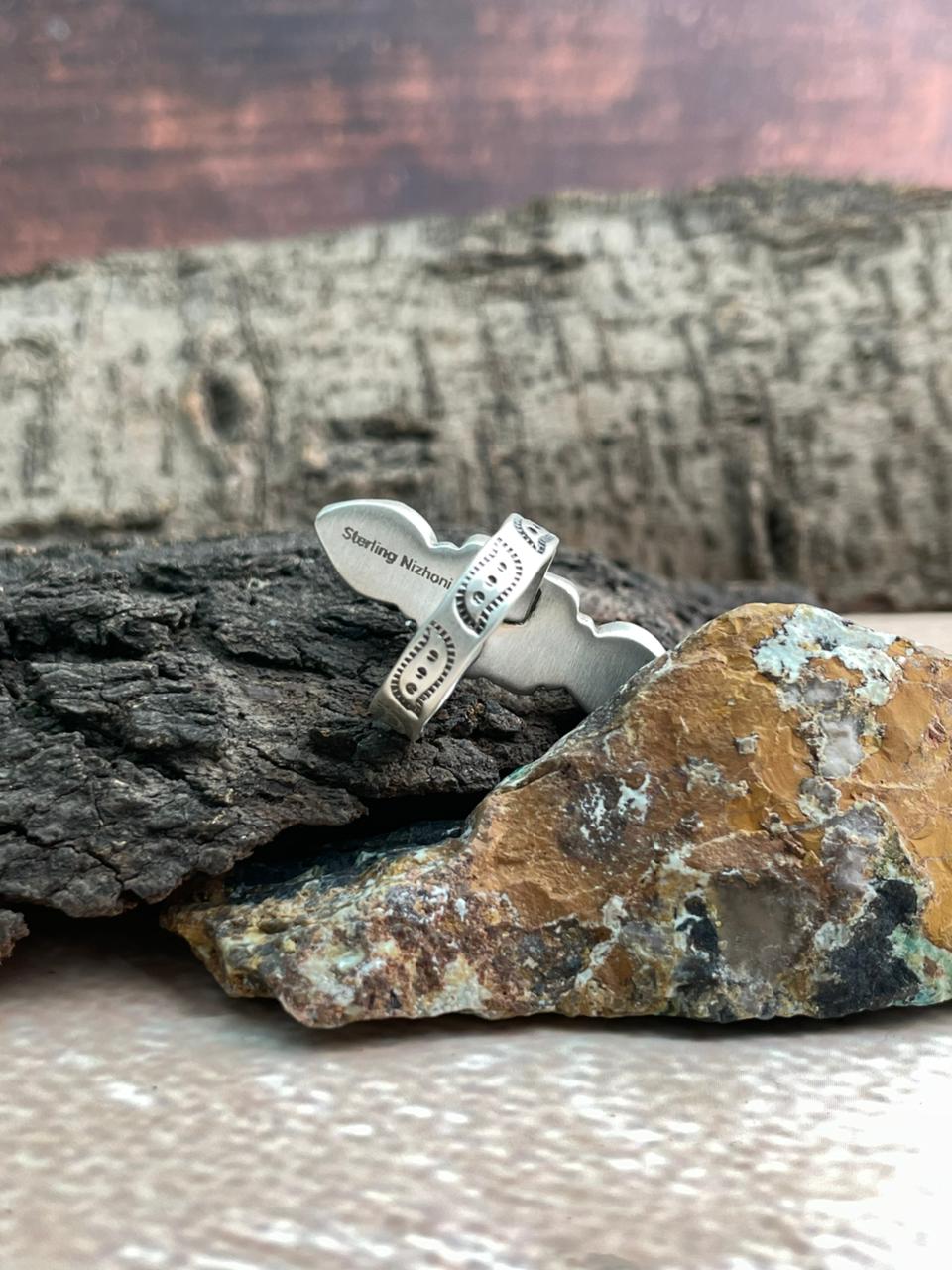 Handmade Sterling Silver Kingman Turquoise Adjustable Ring "Signed Nizhoni"