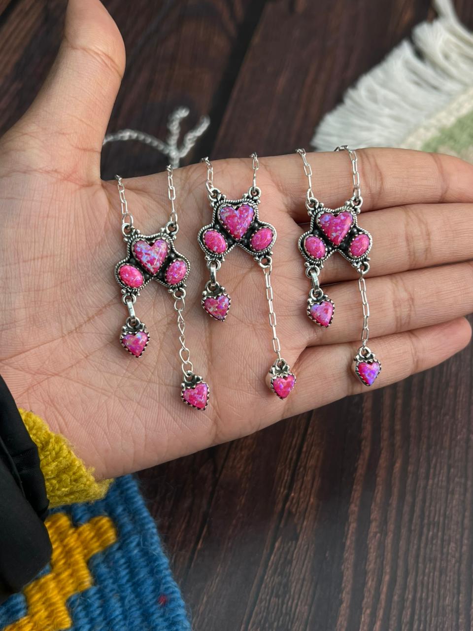 "Heart Collection" Handmade Sterling Silver Hot Pink Necklace "Signed Nizhoni"