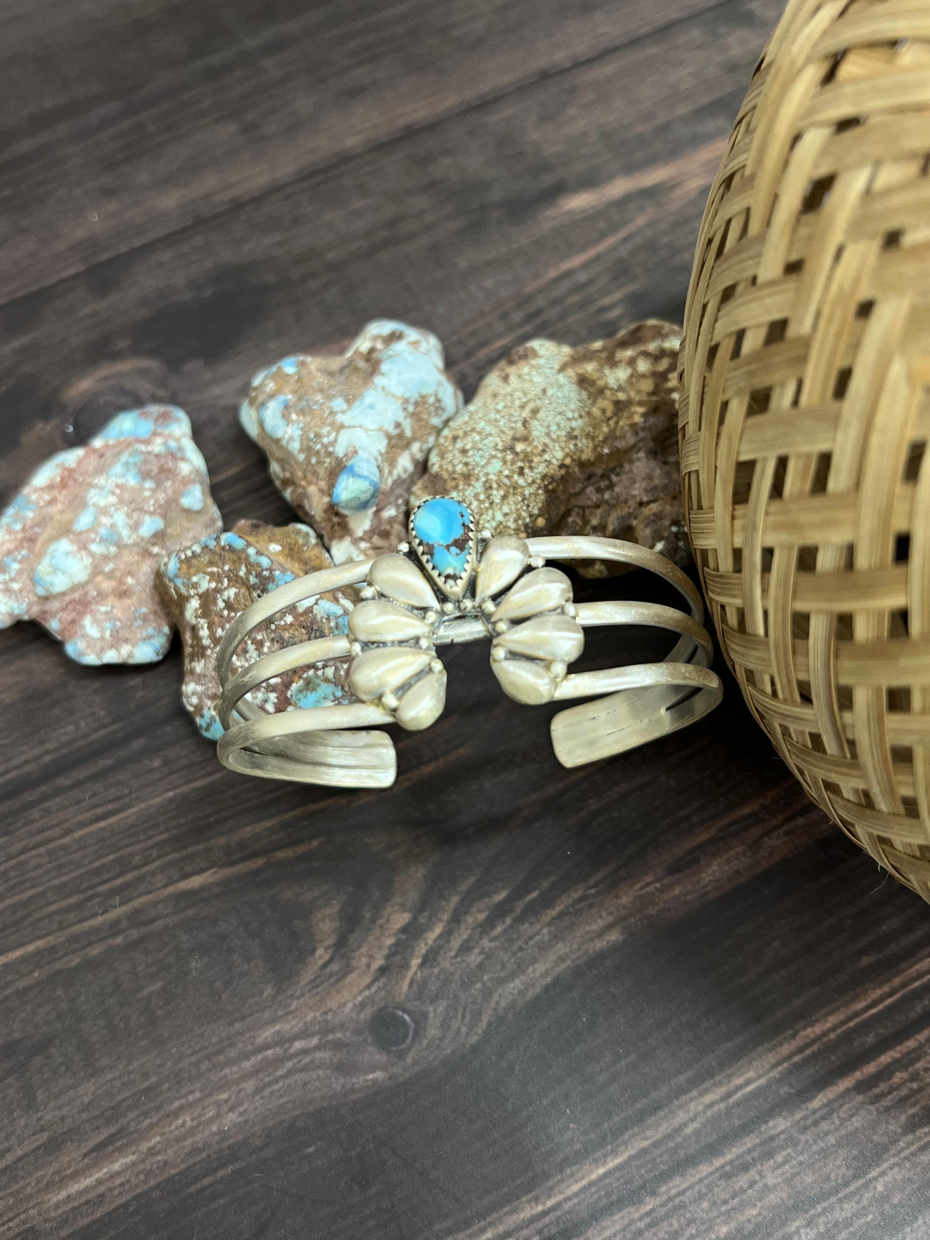 Handmade Sterling Silver Golden Hills Turquoise Cuff Bracelet with Signed Nizhoni