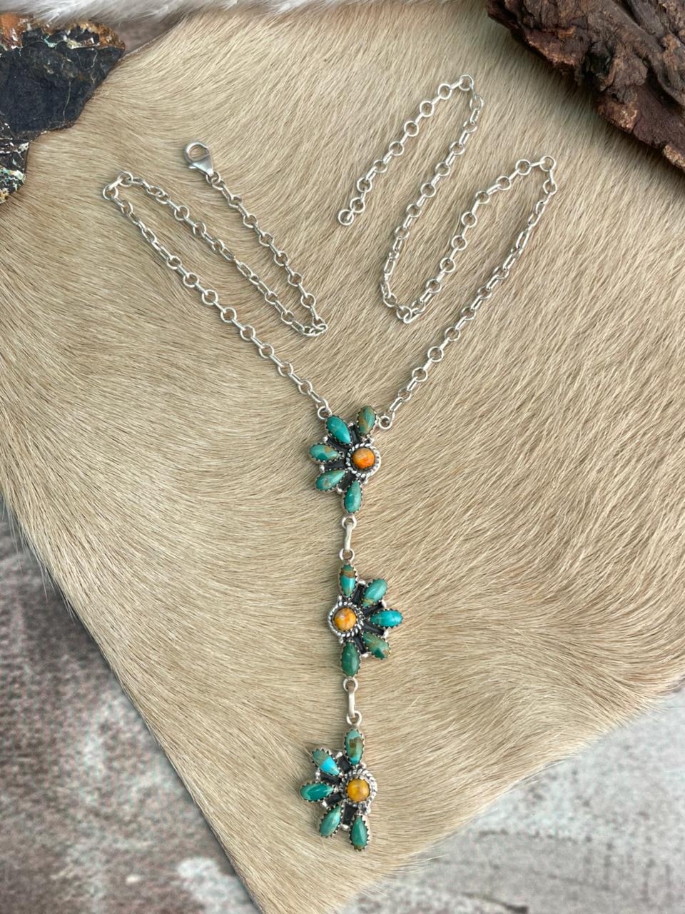 Handmade Sterling Silver Kingman Turquoise with Orange Mojave Necklace "Signed Nizhoni"