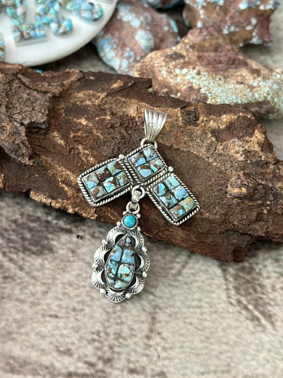 Handmade Sterling Silver Golden Hills Turquoise Cobble Collection Pendant "Signed Nizhoni"