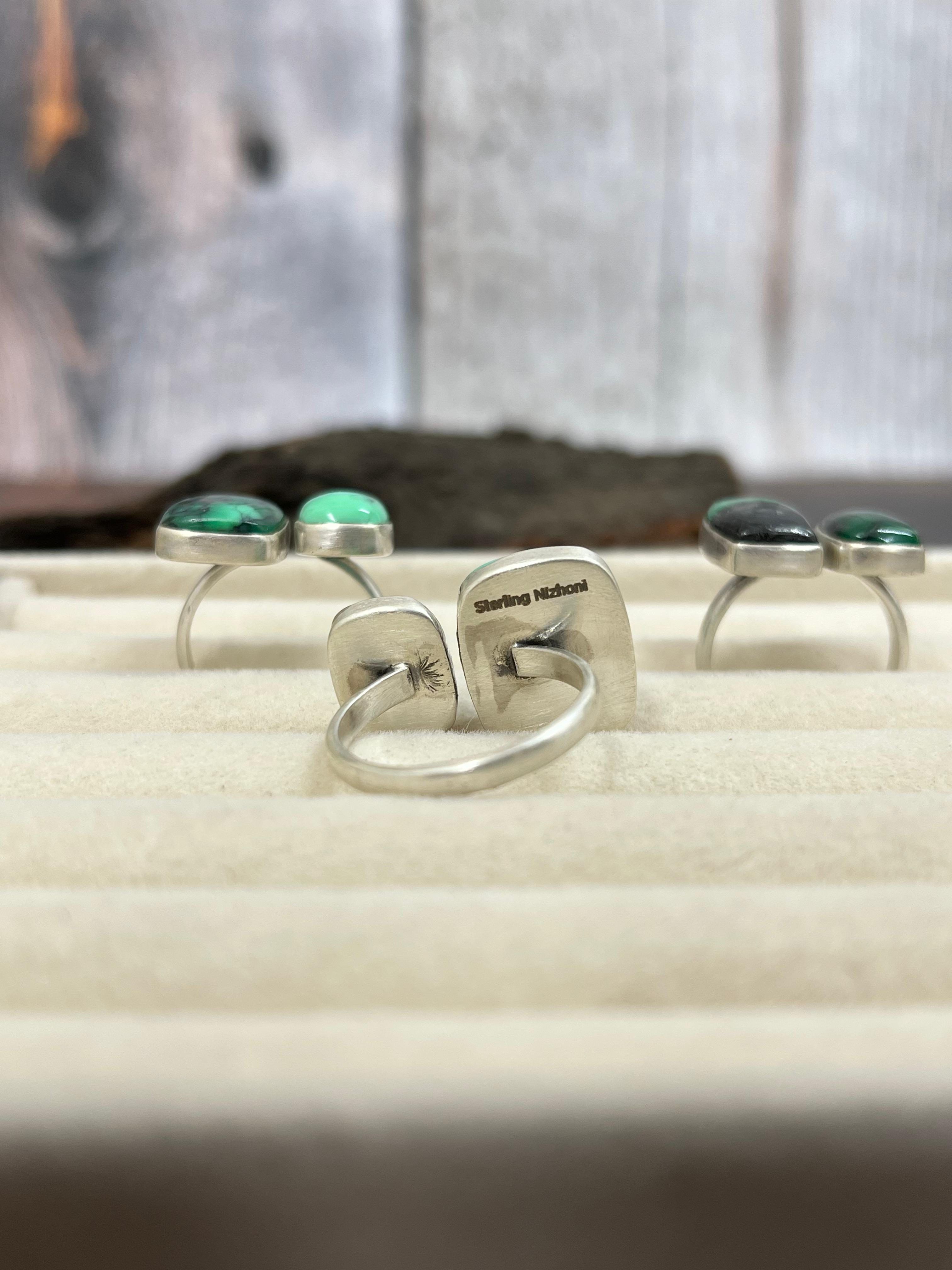 Handmade Sterling Silver Emerald Rose Adjustable Ring with Signed Nizhoni