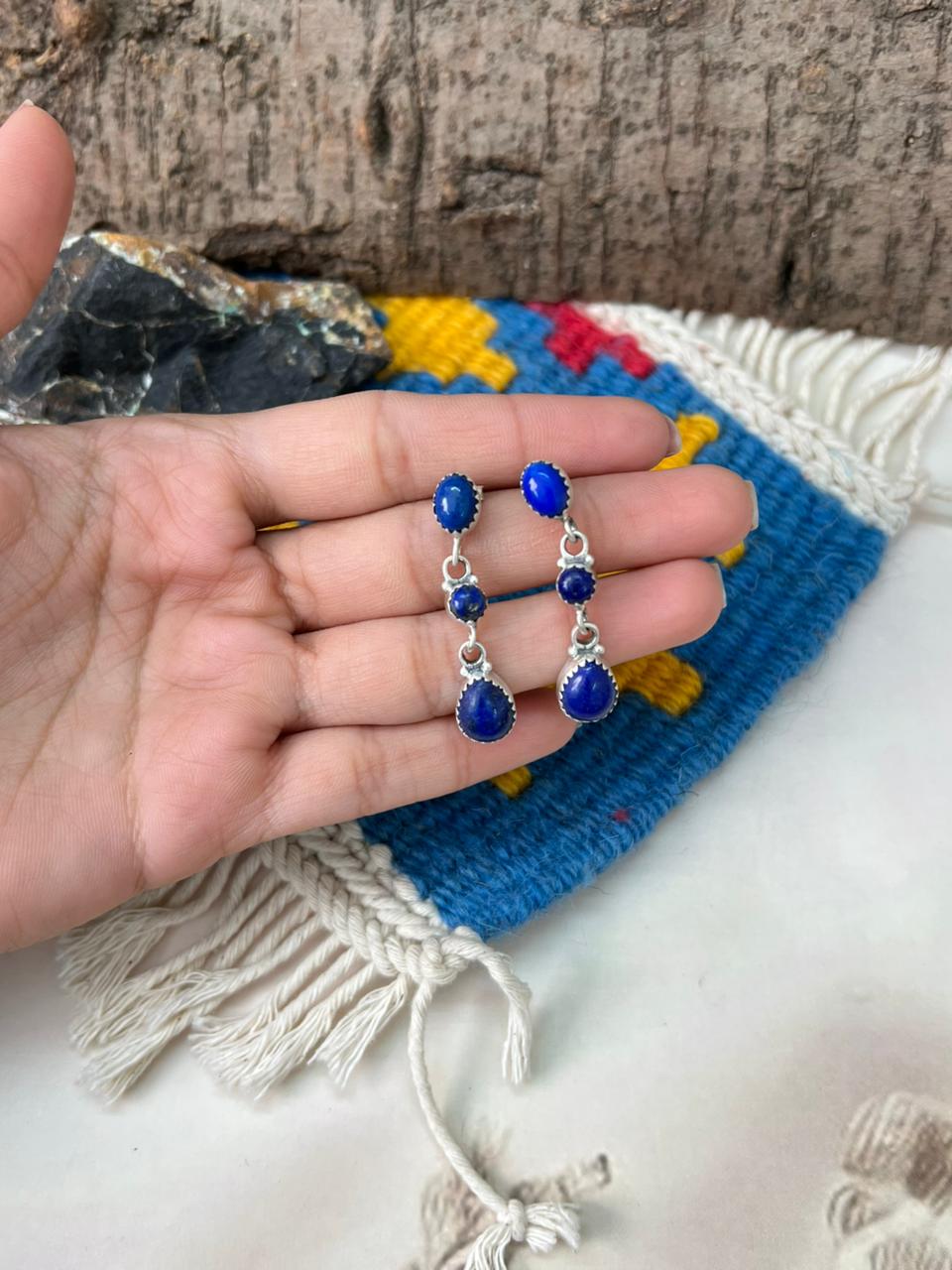 Handmade Sterling Silver Lapis Post Dangle Earrings "Signed Nizhoni"