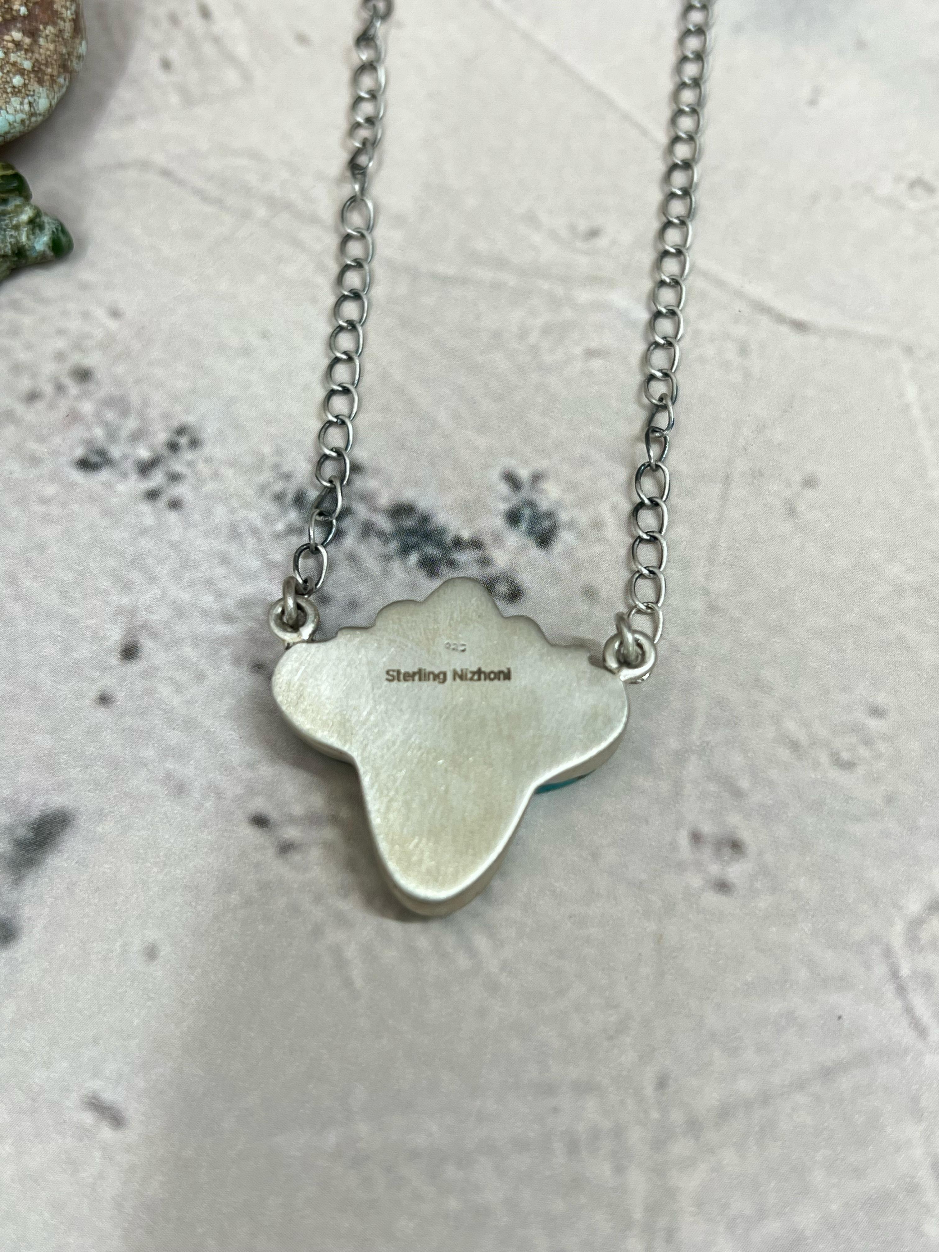 Handmade Sterling Silver Kingman Turquoise Cowhead Necklace with Signed Nizhoni