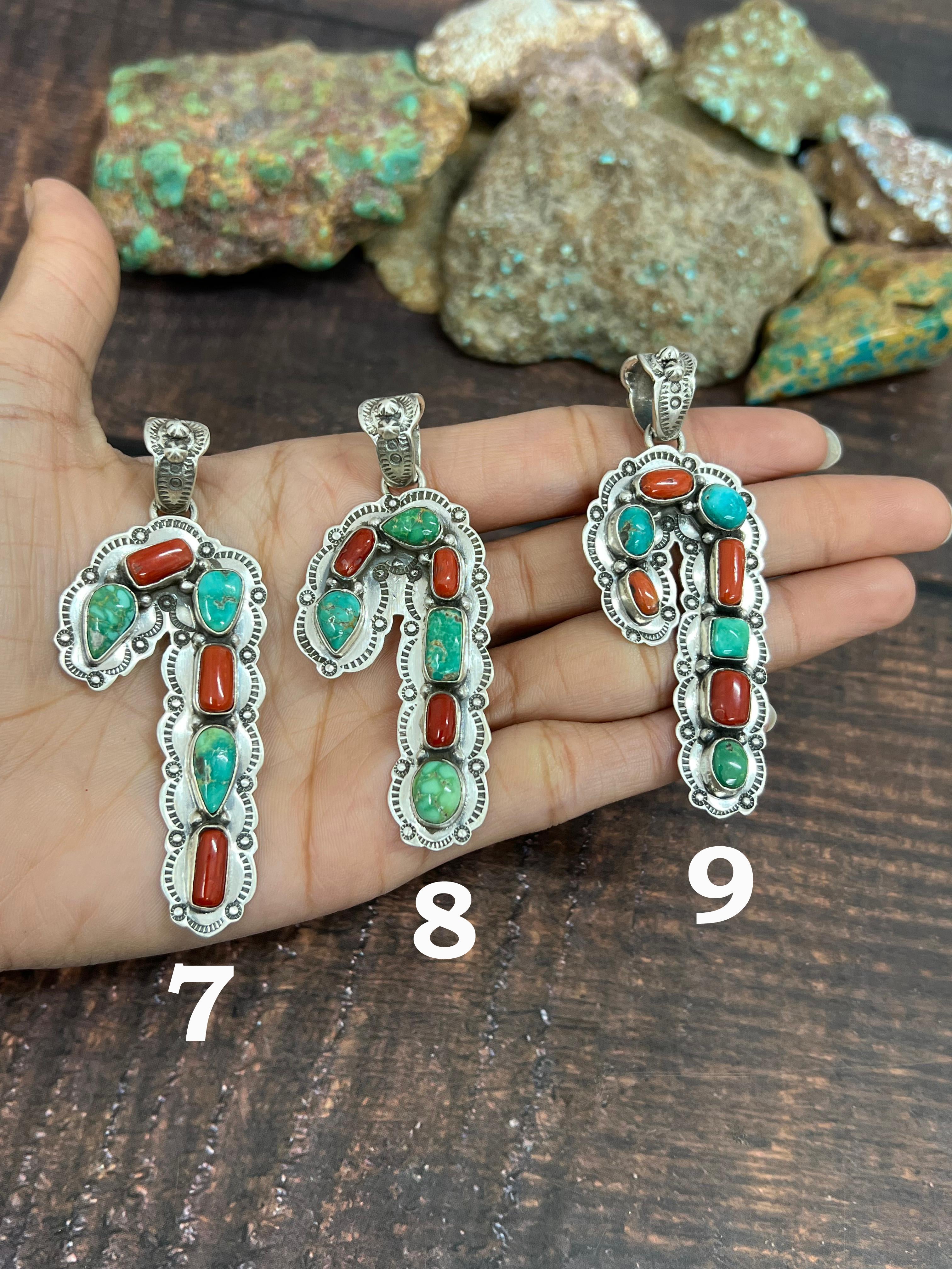 Handmade Sterling Silver Multi Stones Candy Cane Pendant, Signed Nizhoni