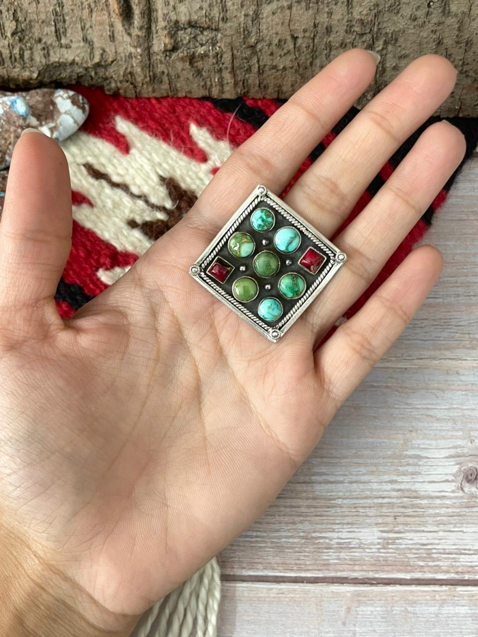 Handmade Sterling Silver Dahlia Rose With Emerald Valley Turquoise Ring "Signed Nizhoni"