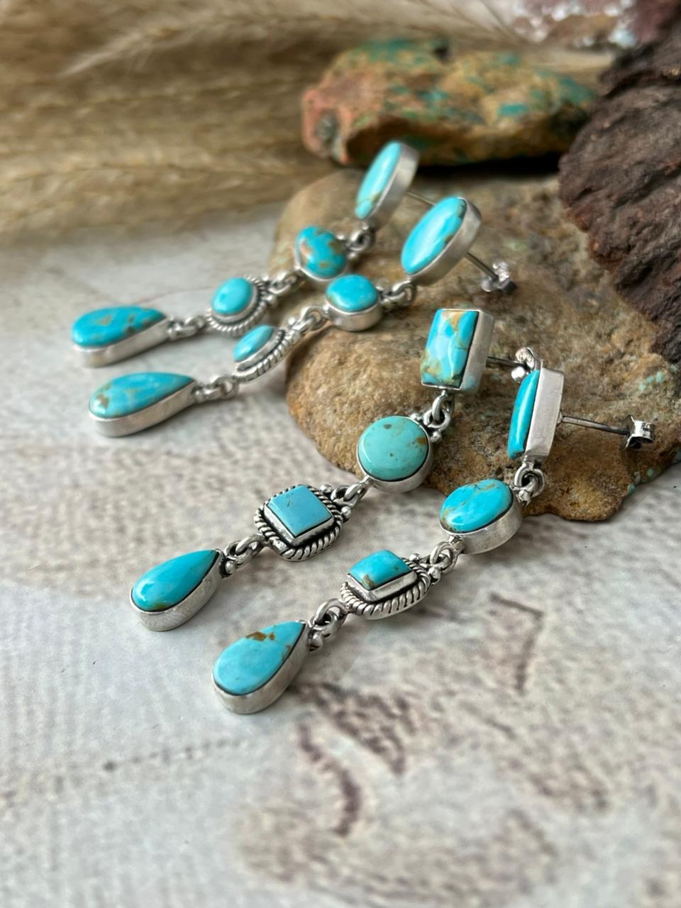 Handmade Sterling Silver Santa Maria Turquoise Post Dangle Earrings "Signed Nizhoni"