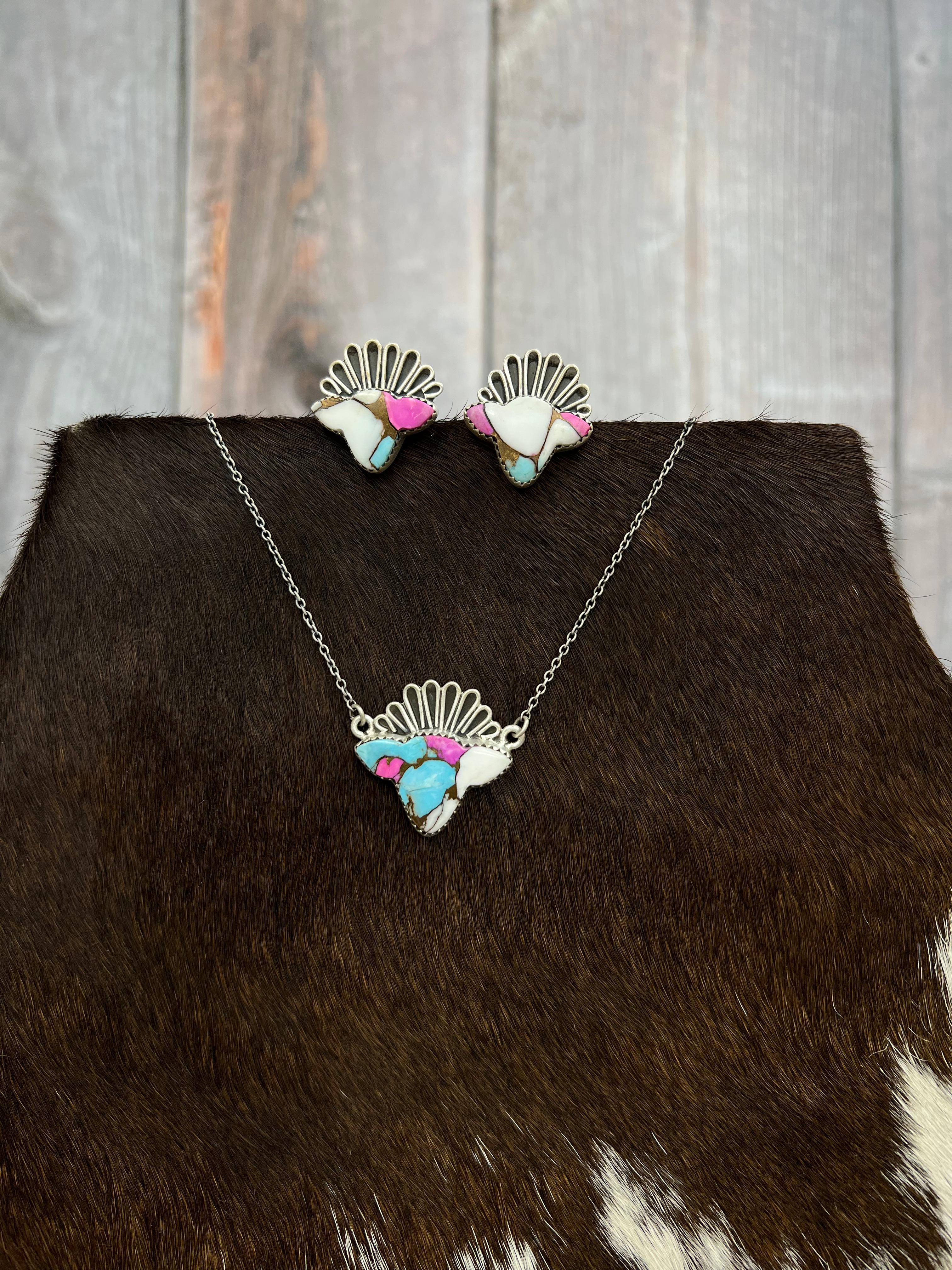 Handmade Sterling Silver Cotton Candy Turquoise Bull Necklace Earrings Set, Signed Nizhoni