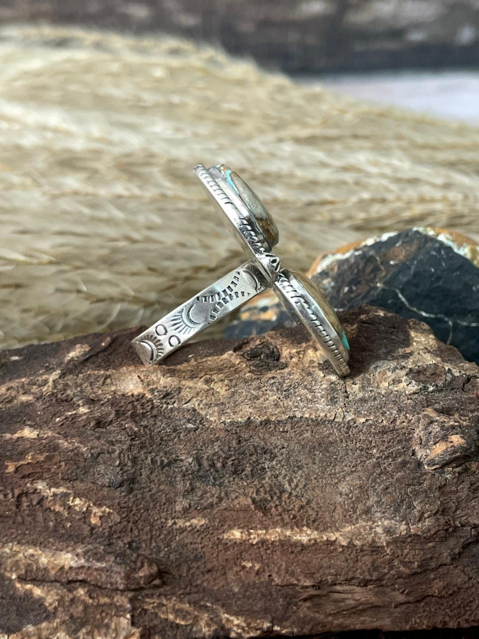 Handmade Sterling Silver Royston Ribbon Turquoise Adjustable Ring "Signed Nizhoni"