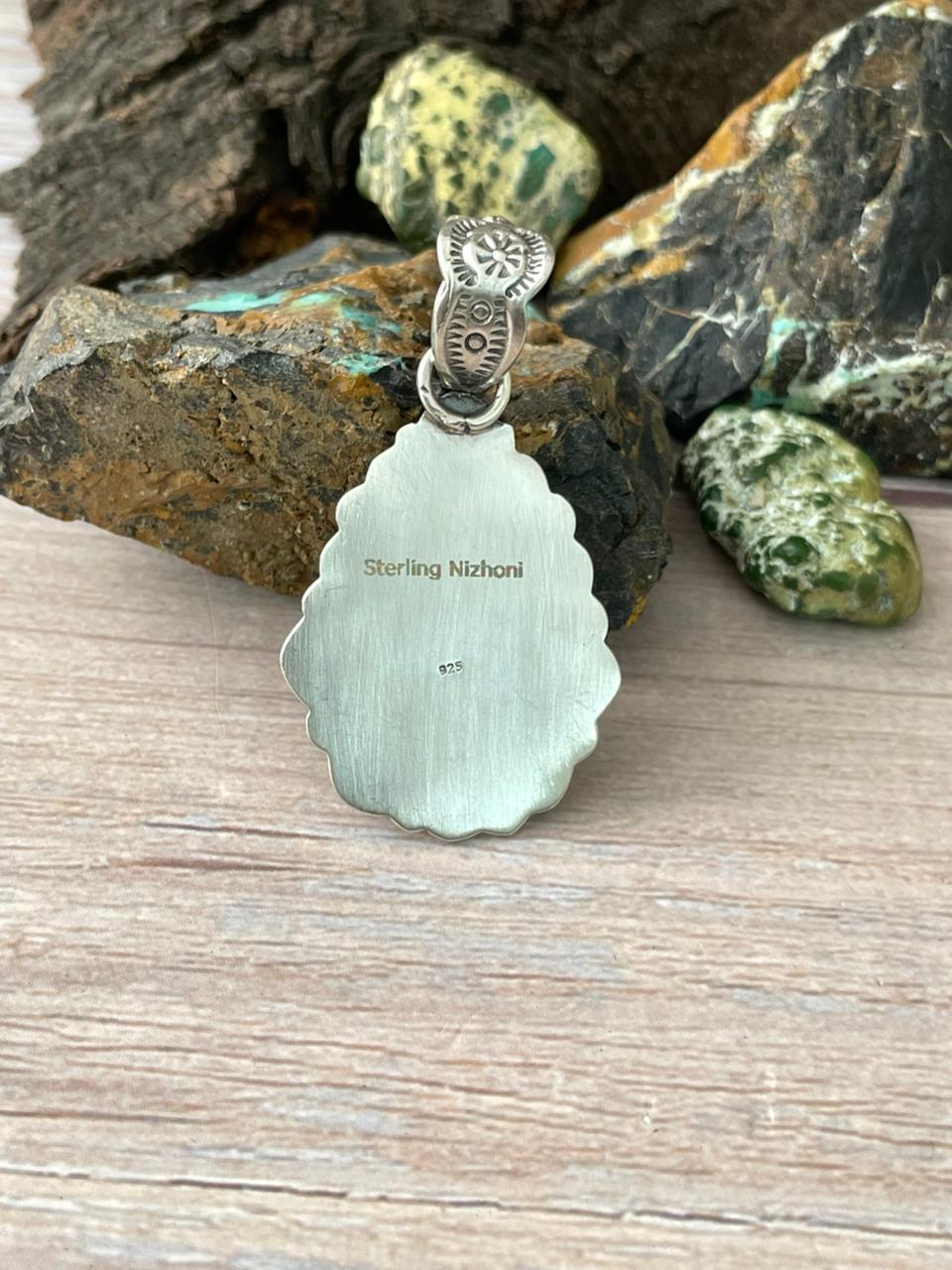 Handmade Sterling Silver Mantis Turquoise Pendant " Signed Nizhoni"