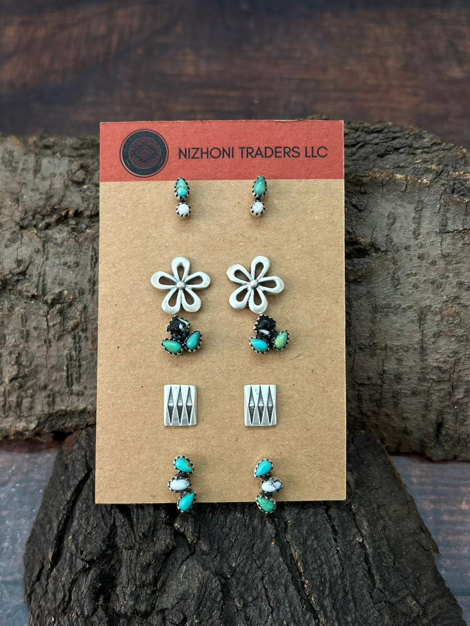 Handmade Sterling Silver Kingman with White Buffalo Post Studs Earrings Set