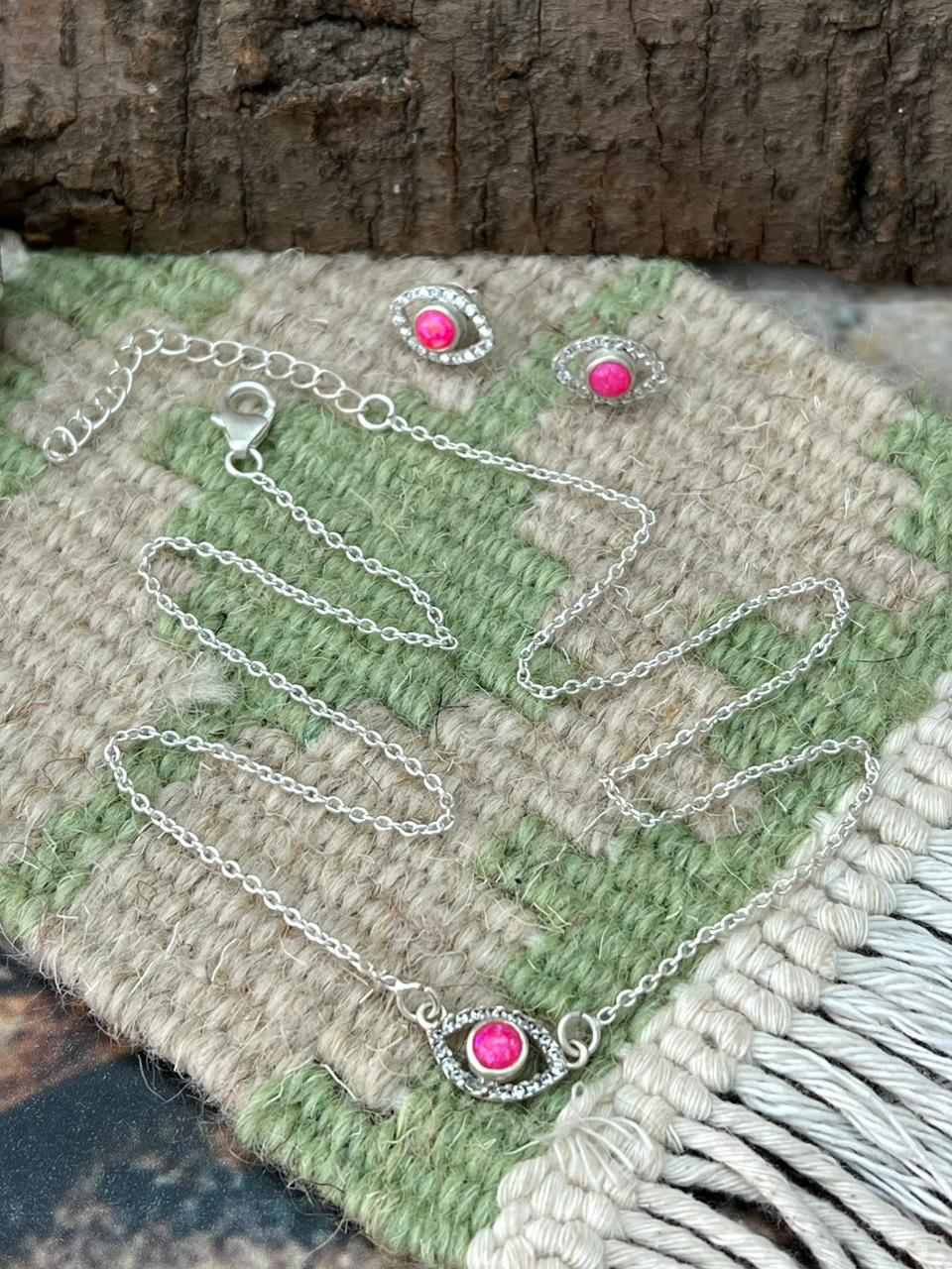 Handmade Sterling Silver Hot Pink Necklace Earrings Set "Signed Nizhoni"