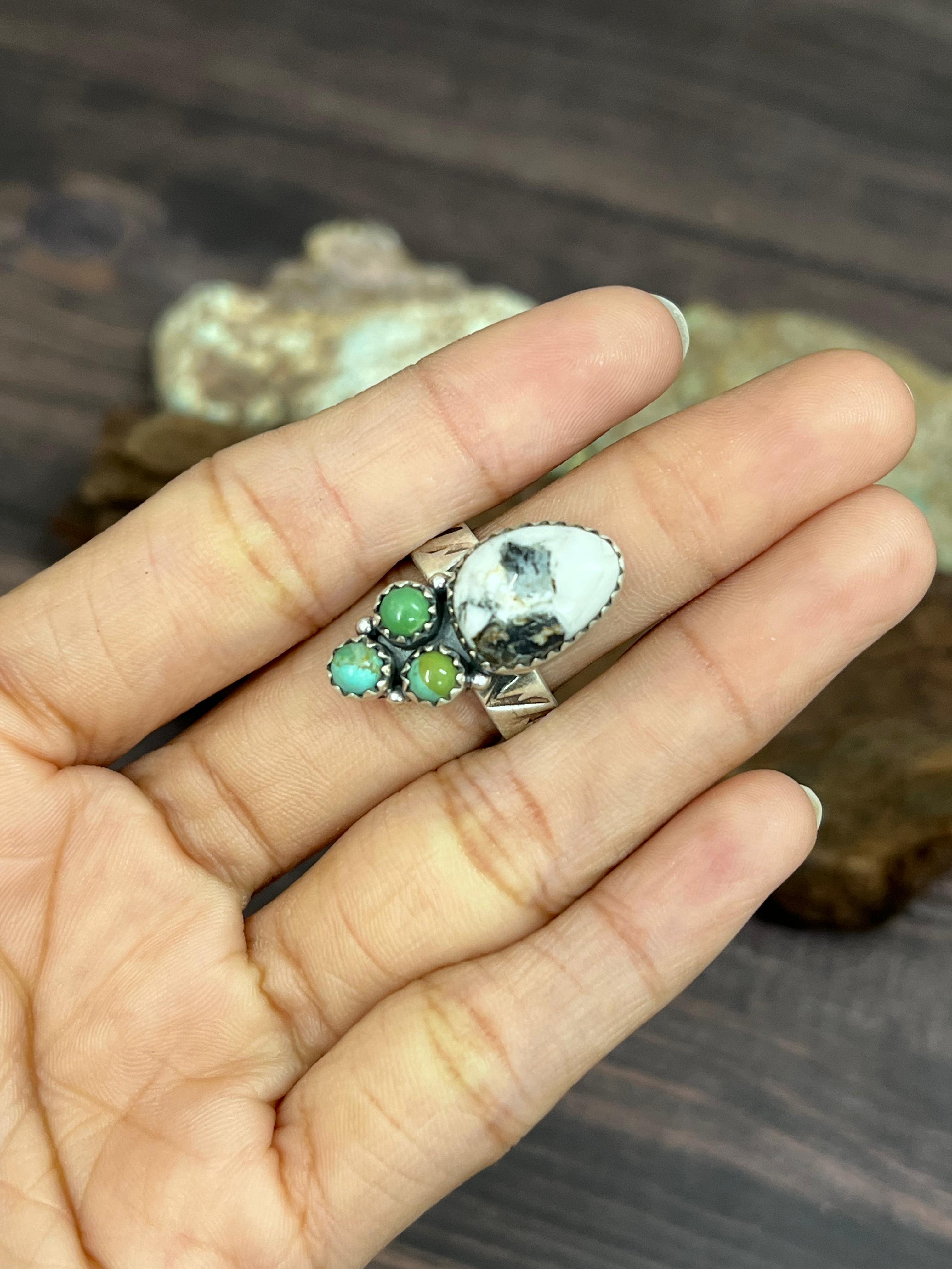 Handmade Sterling Silver Kingman with White Buffalo Turquoise Adjustable Ring with Signed Nizhoni