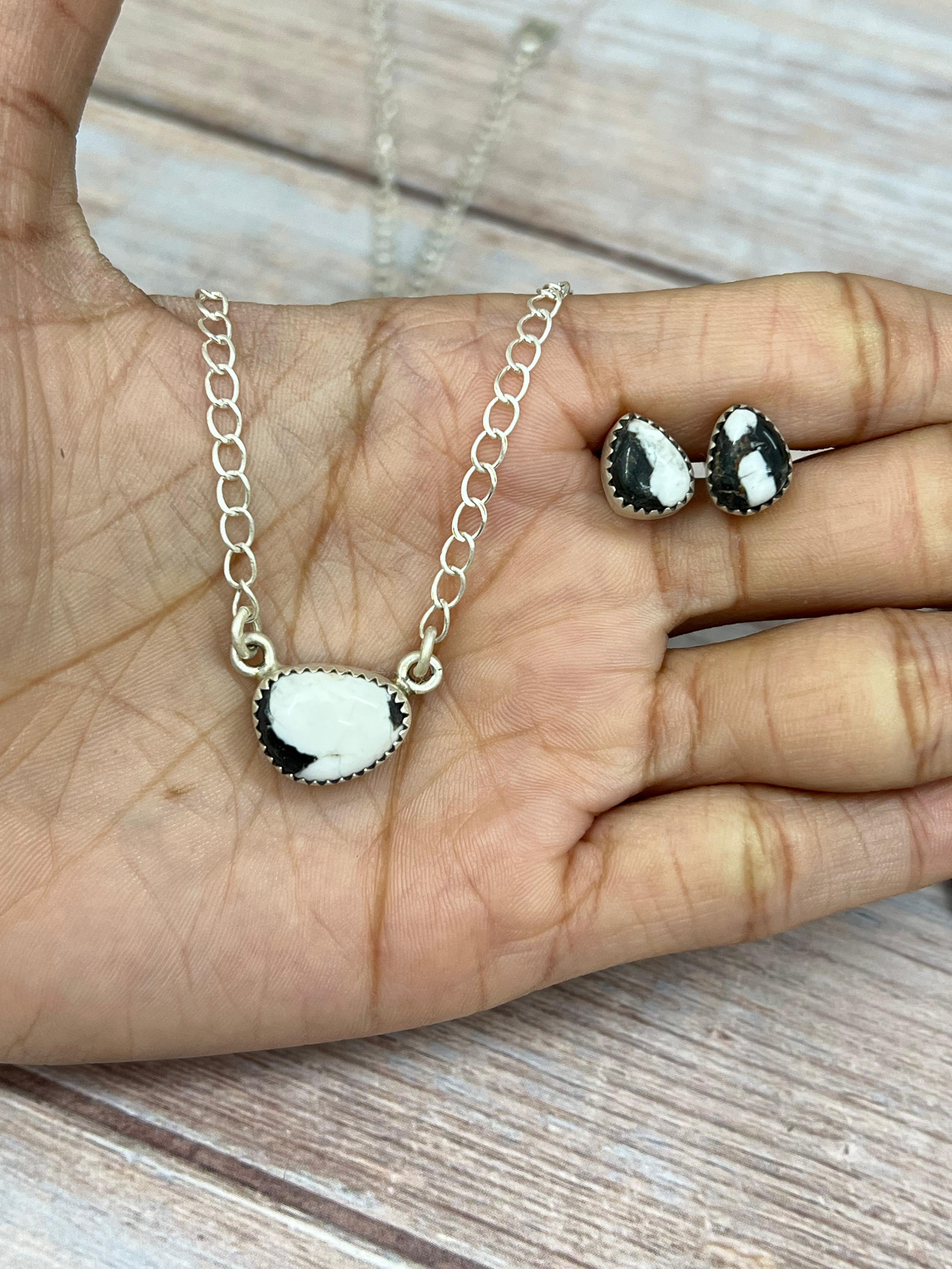 Handmade Sterling Silver White Buffalo Necklace & Earrings Set Signed Nizhoni