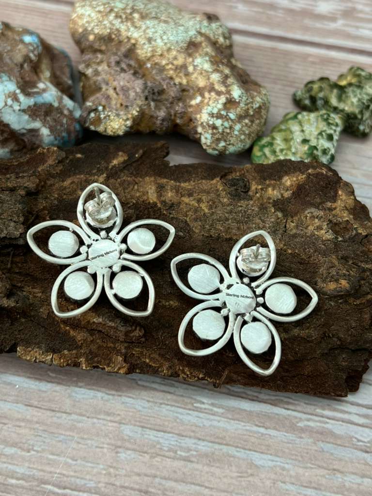 Handmade Sterling Silver Kingman Turquoise Post Studs with Signed Nizhoni