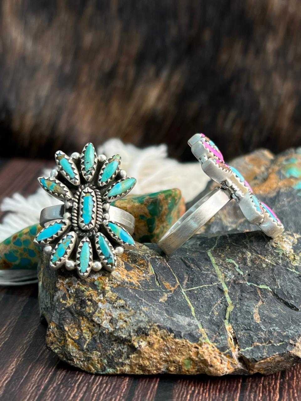 Handmade Sterling Silver Kingman Turquoise and Cotton Candy Adjustable Ring "Signed Nizhoni"