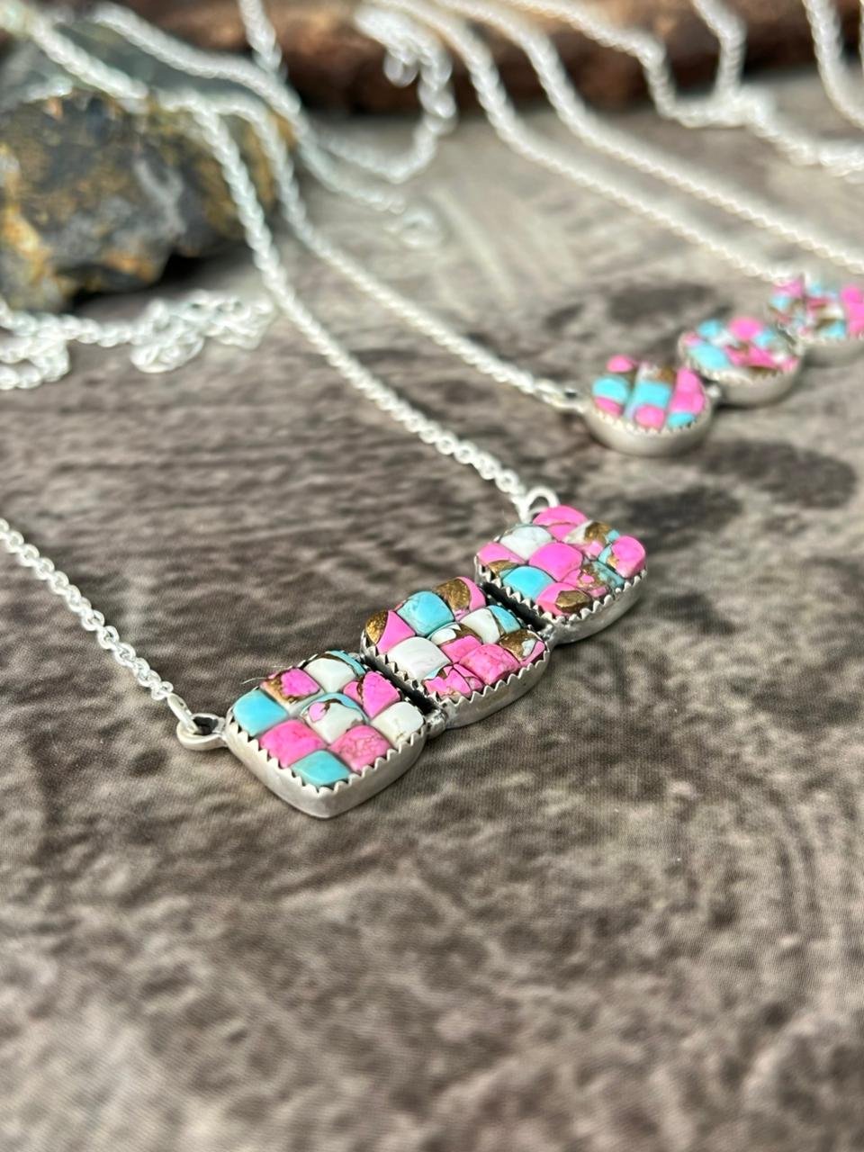Handmade Sterling Silver Cotton Candy Cobble Stone Necklace "Signed Nizhoni"