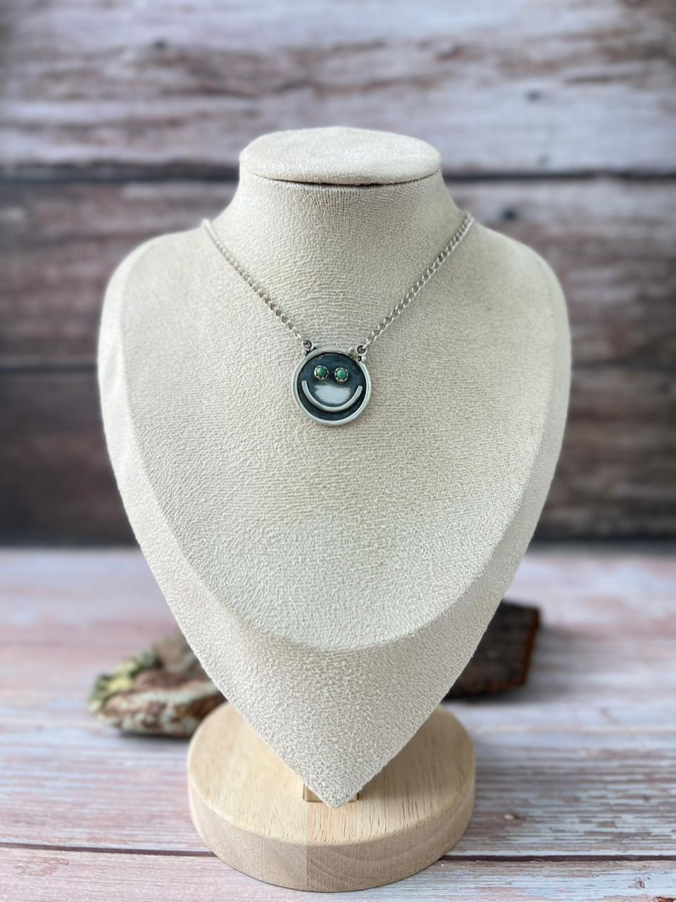 Handmade Sterling Silver Kingman Turquoise Smiley Necklace with Signed Nizhoni (1)