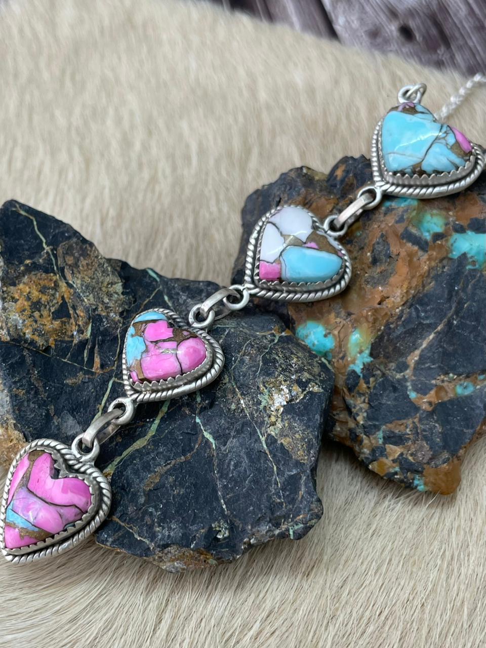 Handmade Sterling Silver Cotton Candy Heart Drop Necklace "Signed Nizhoni"