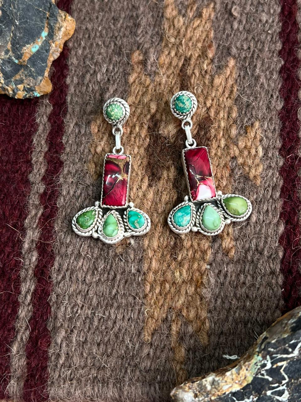 Handmade Sterling Silver Dahlia Rose with Emerald Valley Turquoise Post Earrings "Signed Nizhoni"