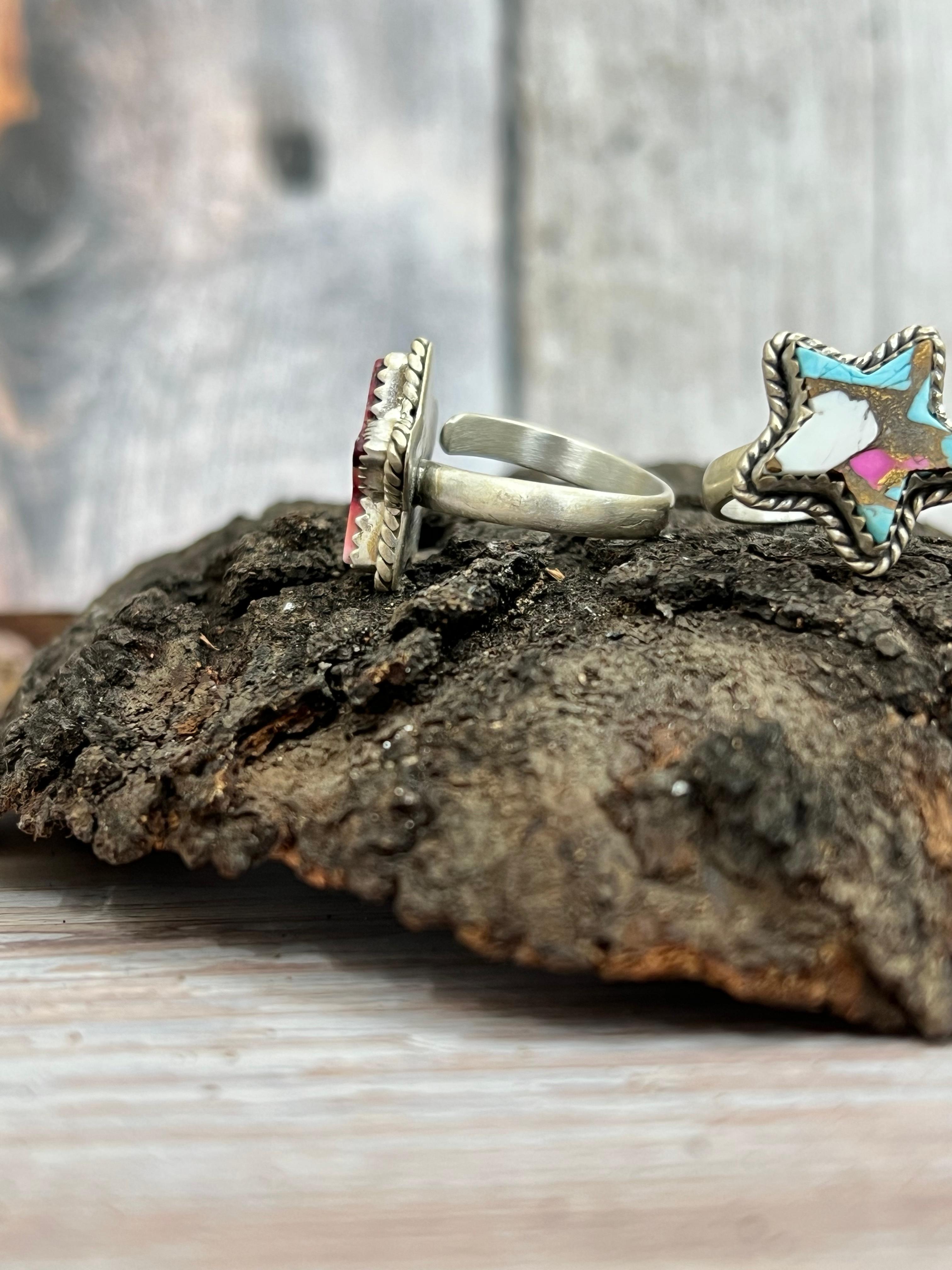 Handmade Sterling Silver Dahlia Rose, Cotton Candy Turquoise Adjustable Ring with Signed Nizhoni (2)