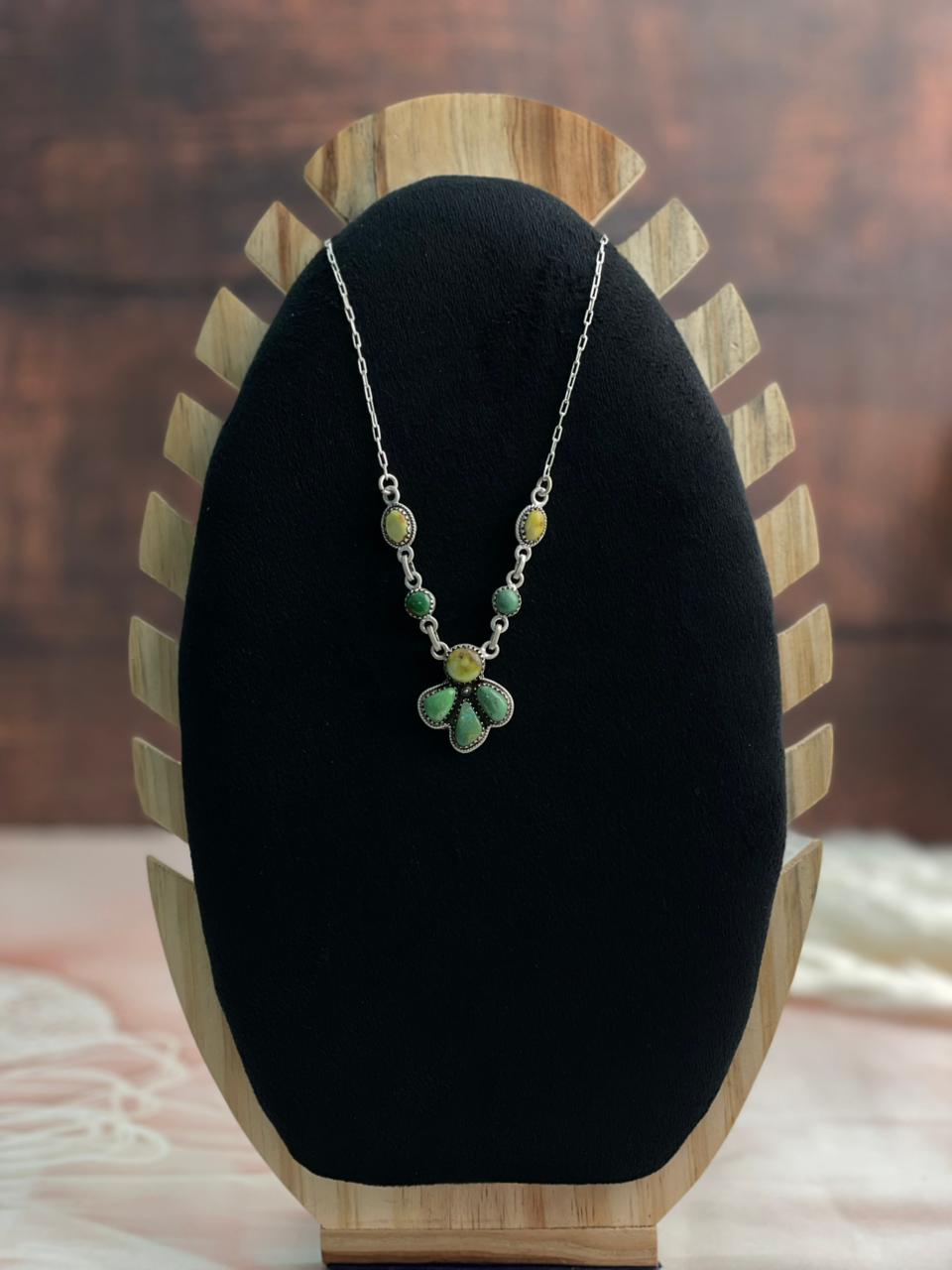 Handmade Sterling Silver Emerald Valley with Palomino Turquoise Necklace "Signed Nizhoni"