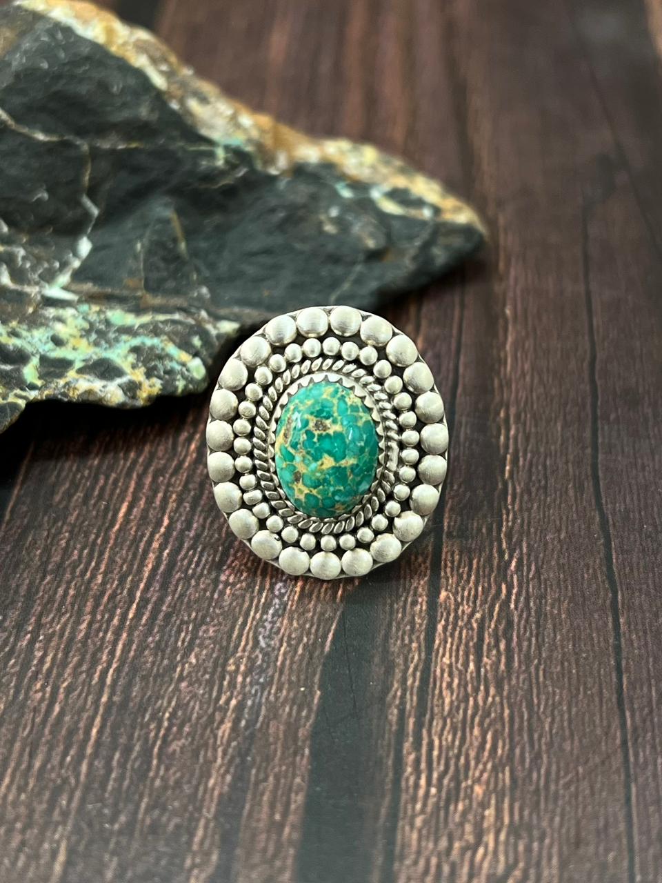 Handmade Sterling Silver Emerald Valley Adjustable Ring "Singed Nizhoni"