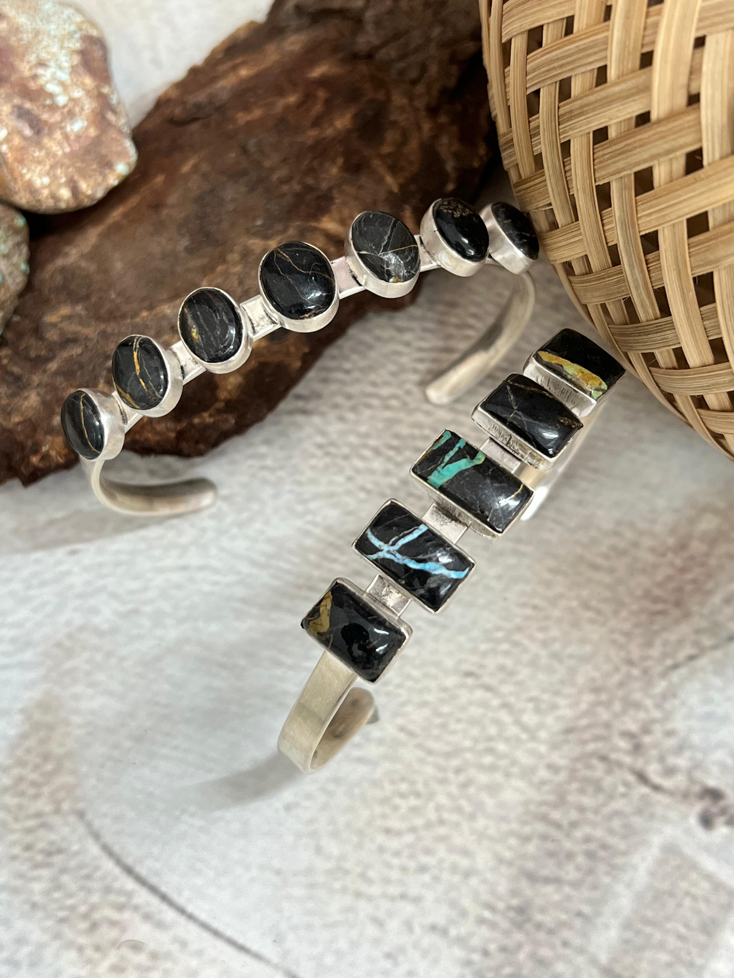 Handmade Sterling Silver Blackjack Turquoise Cuff Bracelet Signed Nizhoni