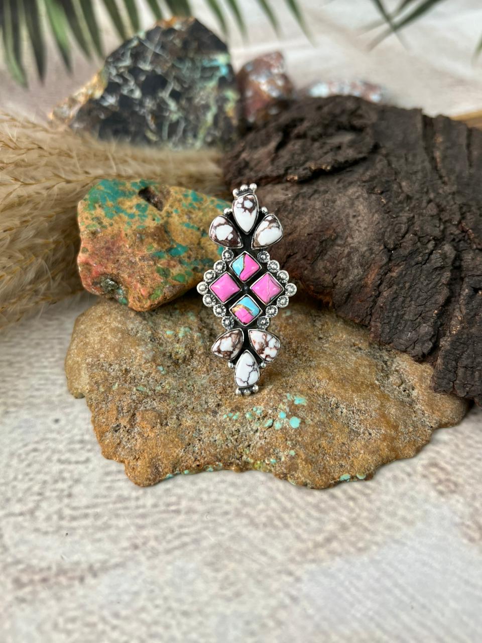 Handmade Sterling Silver Cotton Candy with Wild horse Magnesite Adjustable Ring "Signed Nizhoni"