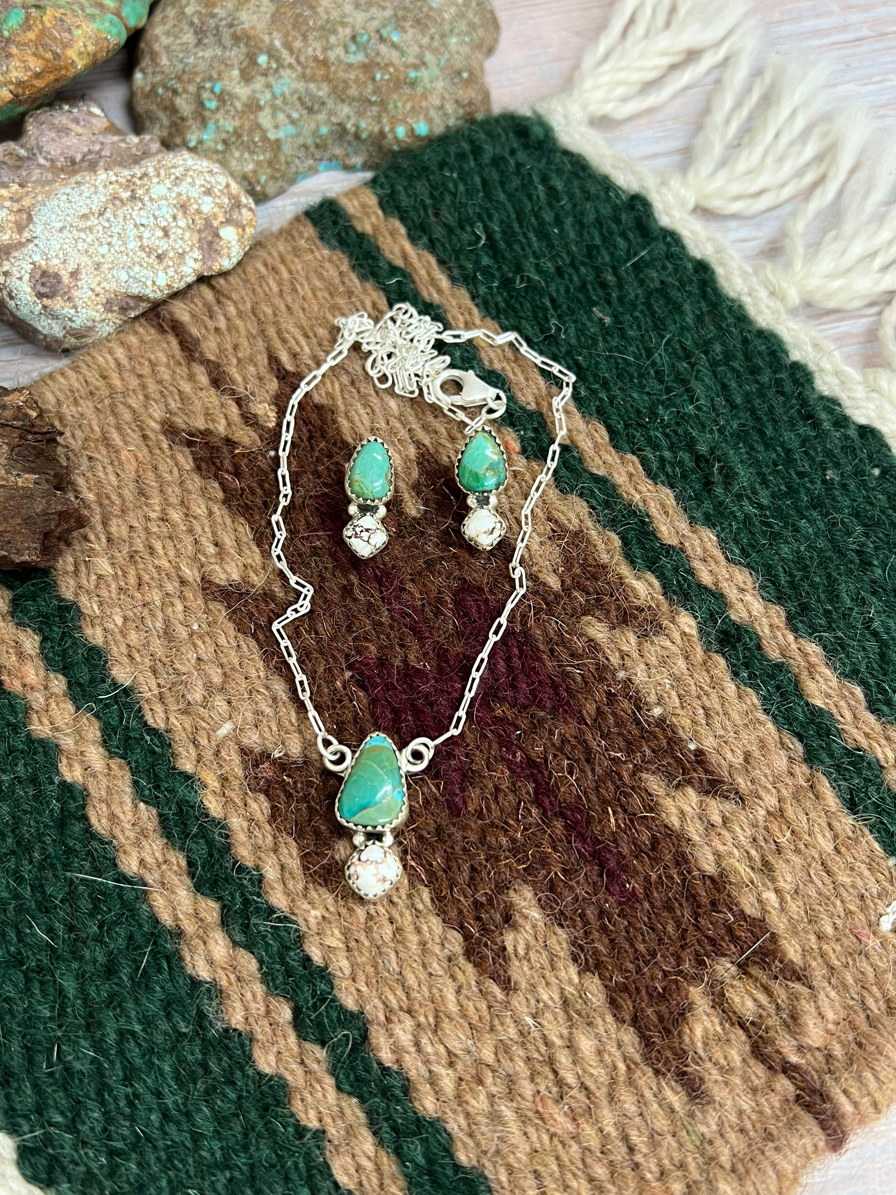 Handmade Sterling Silver Kingman Turquoise, Wild Horse Magnesite Necklace Earrings Set with Signed Nizhoni