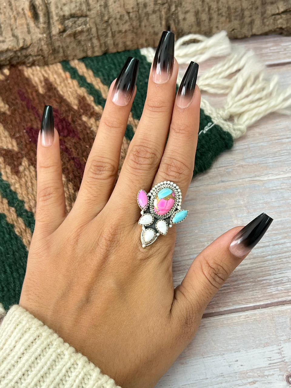 Handmade Sterling Silver Cotton Candy Adjustable Ring "Signed Nizhoni"