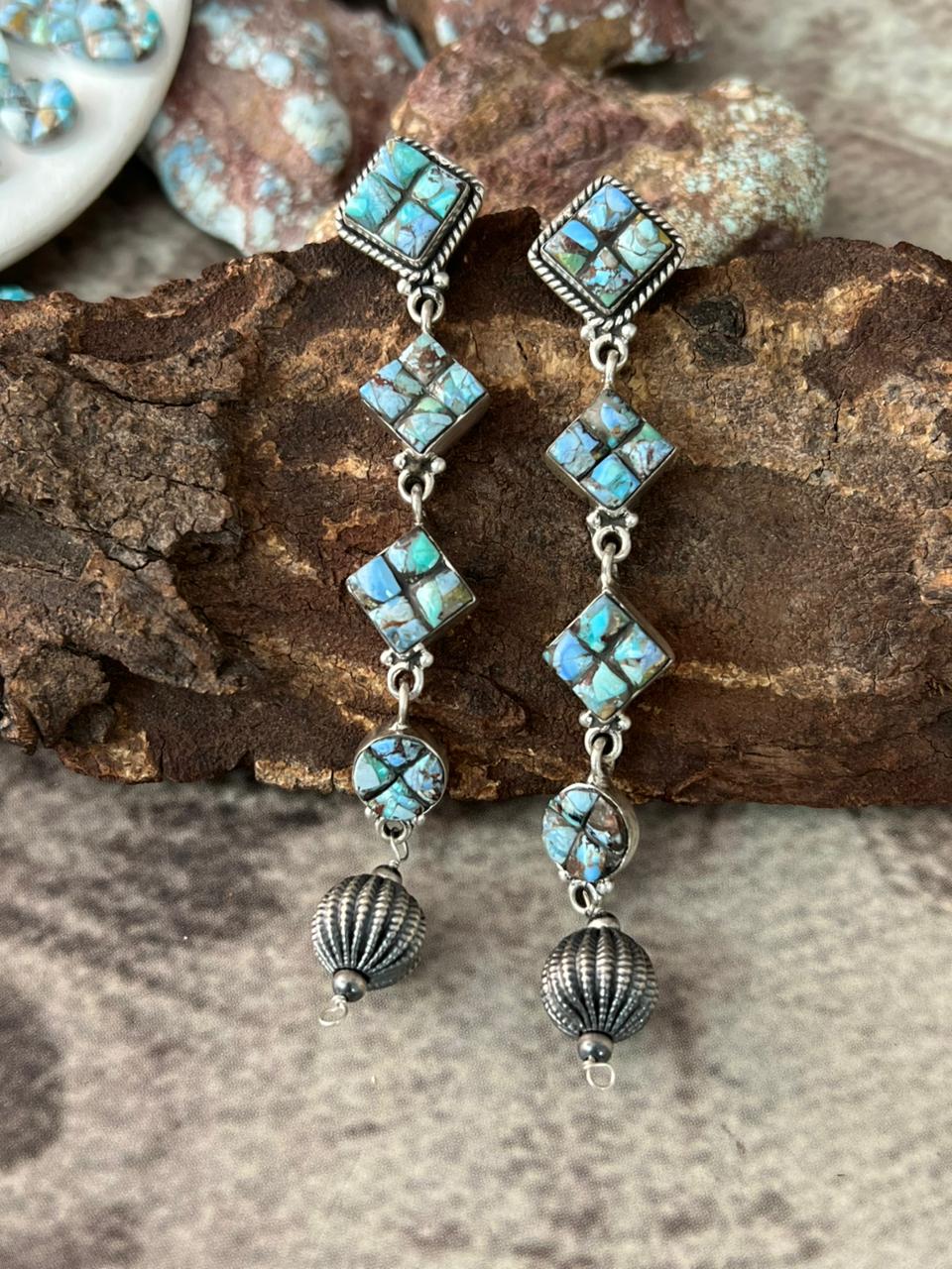 Handmade Sterling Silver Golden Hills Cobble Collection Post Dangle Beaded Earrings "Signed Nizhoni"