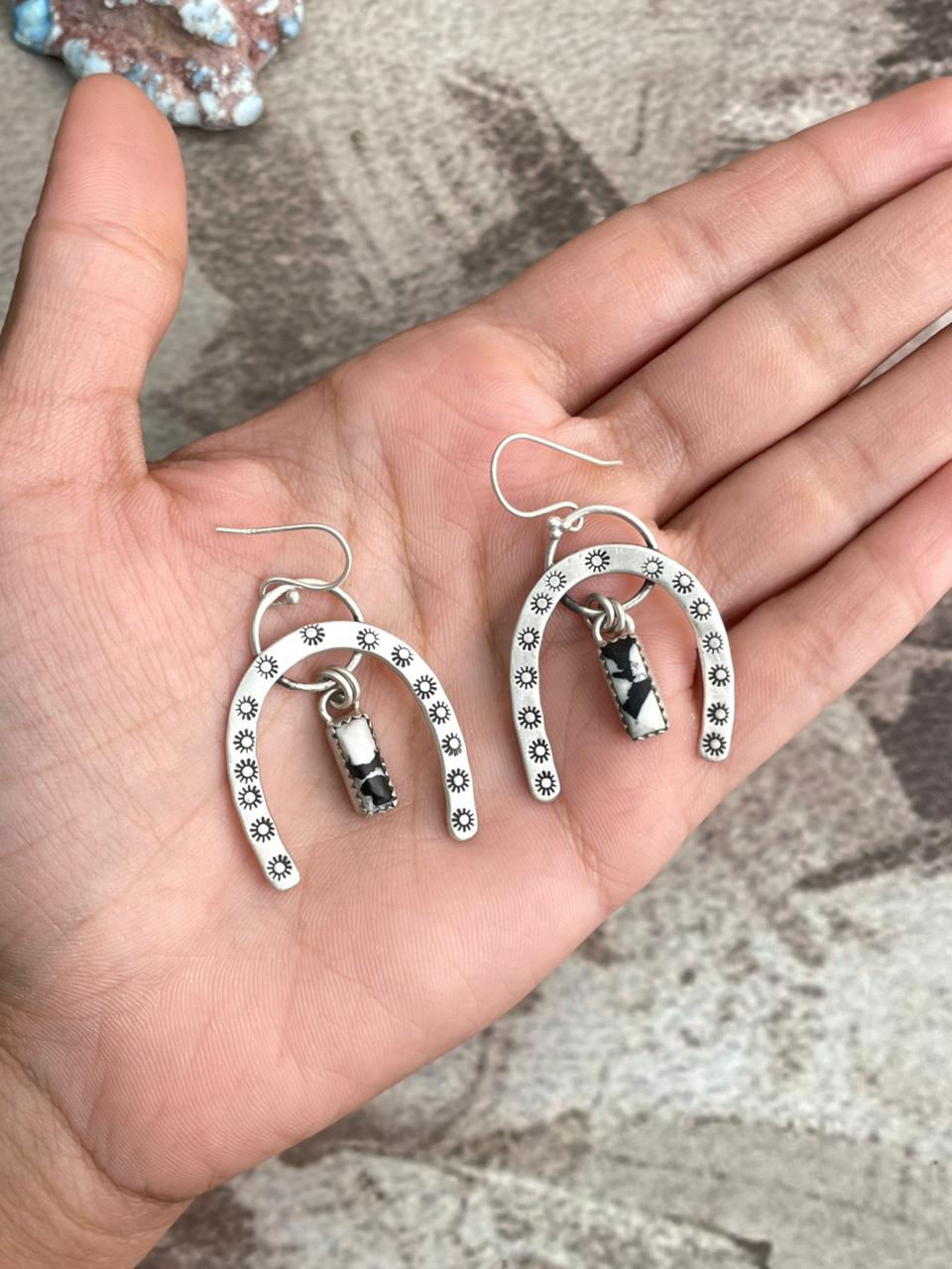 Handmade Sterling Silver White Buffalo Horseshoe Wire Dangle Earrings with Signed Nizhoni