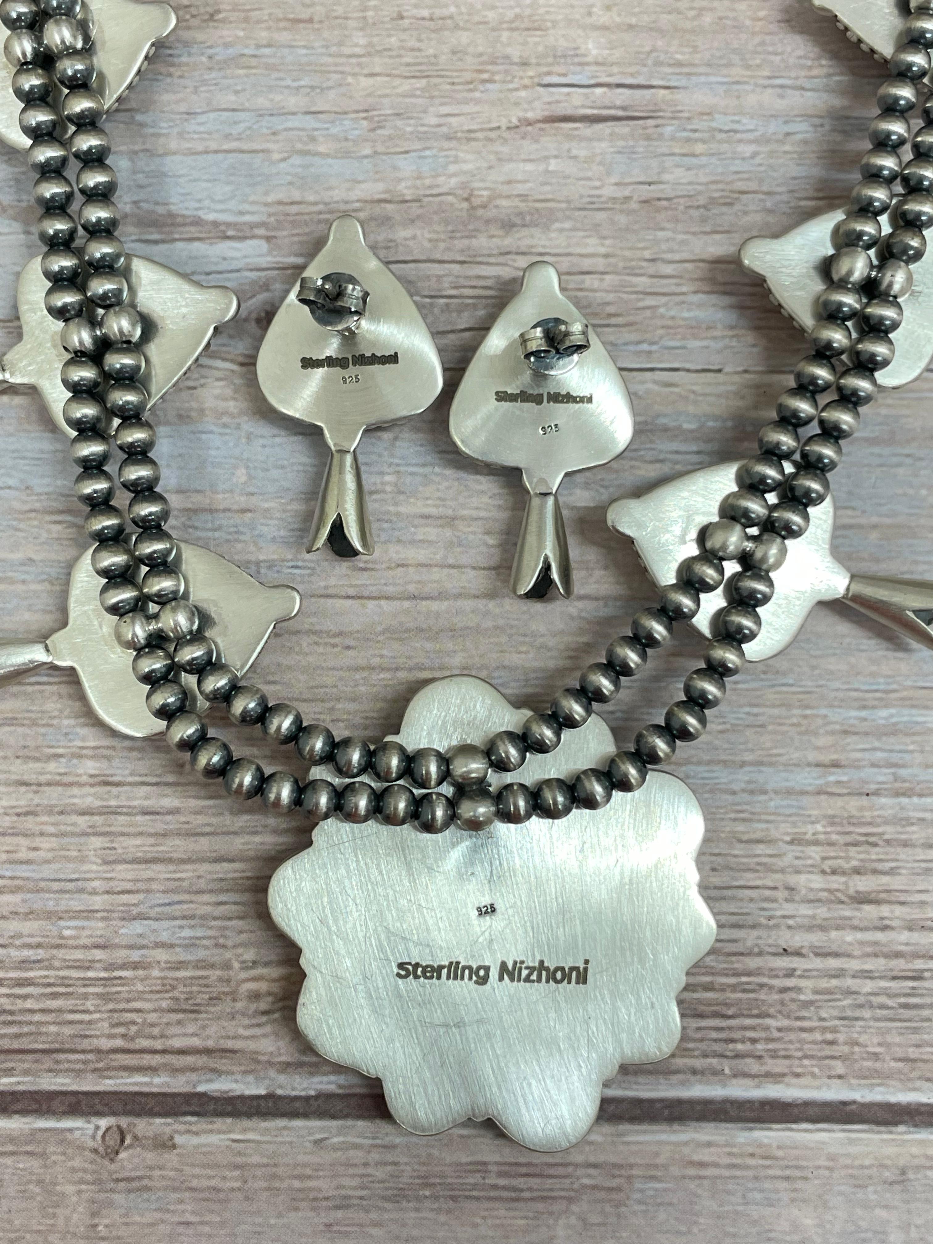 Handmade Sterling Silver Blackjack Turquoise Beaded Necklace Earrings Set with Signed Nizhoni