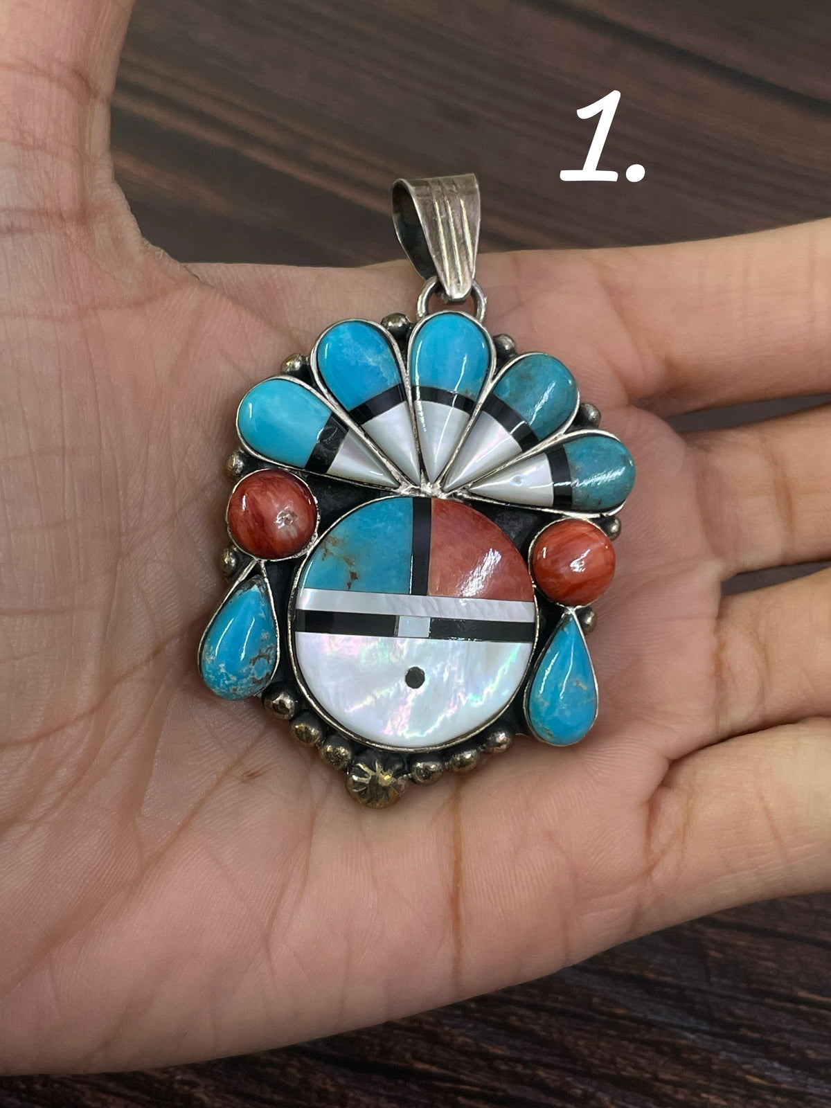 Handmade Sterling Silver Kachina Turquoise Pendant with Signed Nizhoni