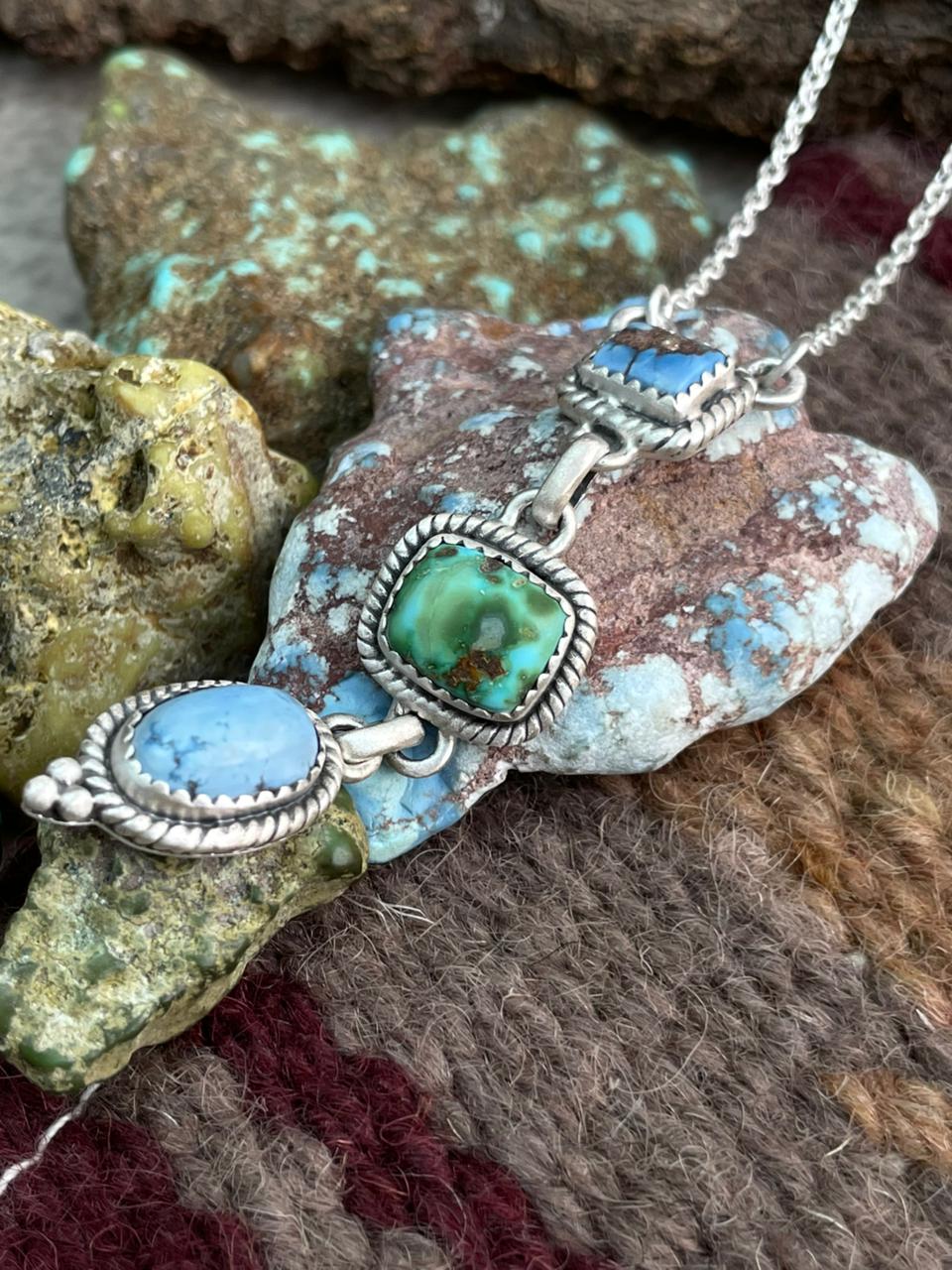Handmade Sterling Silver Sonoran Mountain Turquoise with Golden Hills Turquoise Necklace "Signed Nizhoni"