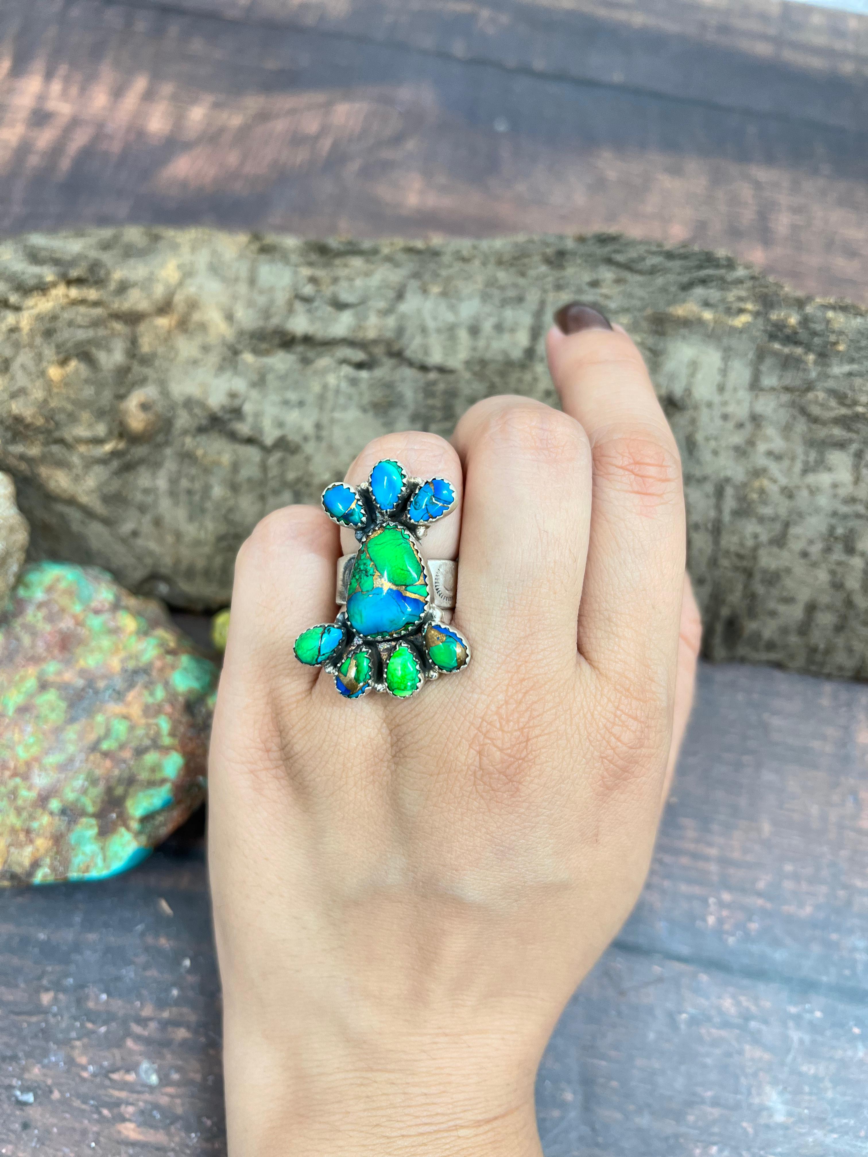 Handmade Sterling Silver Peacock Dahlia Adjustable Ring with Signed Nizhoni